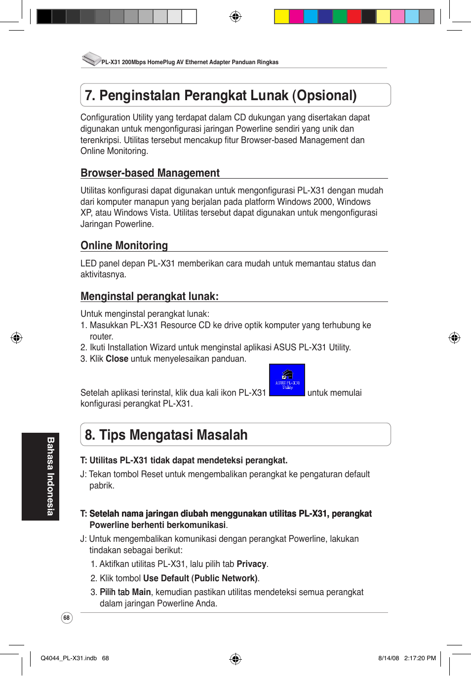 Tips mengatasi masalah, Penginstalan perangkat lunak (opsional), Browser-based management | Online monitoring, Menginstal perangkat lunak | Asus PL-X31/PL-X32 User Manual | Page 69 / 102