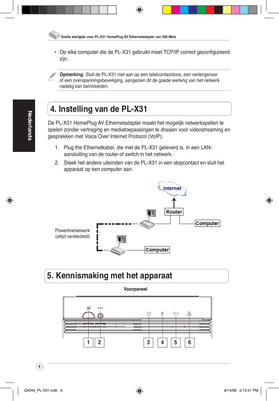 Kennismaking met het apparaat, Instelling van de pl-x31 | Asus PL-X31/PL-X32 User Manual | Page 7 / 102