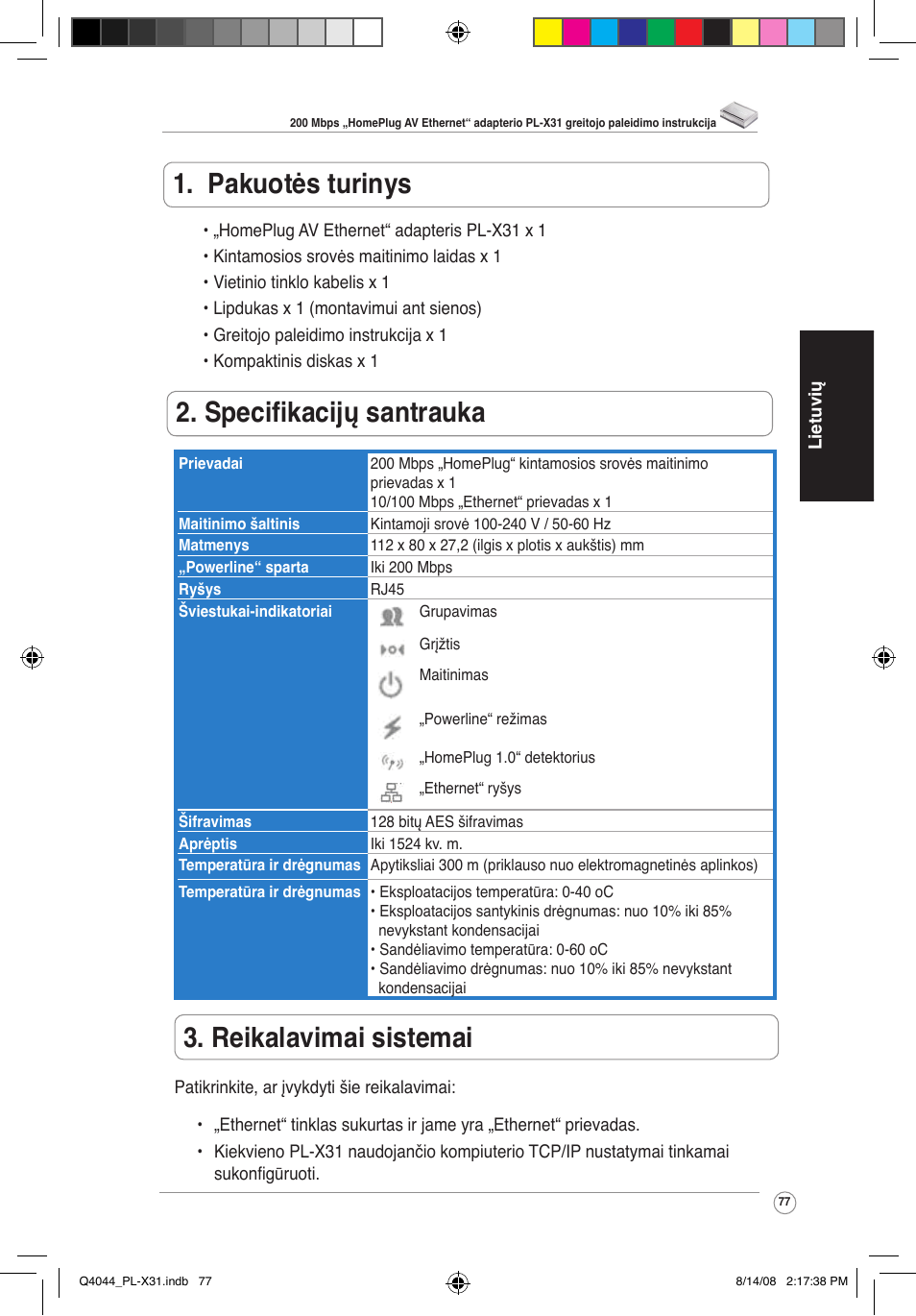 Pakuotės turinys, Specifikacijų santrauka, Reikalavimai sistemai | Asus PL-X31/PL-X32 User Manual | Page 78 / 102