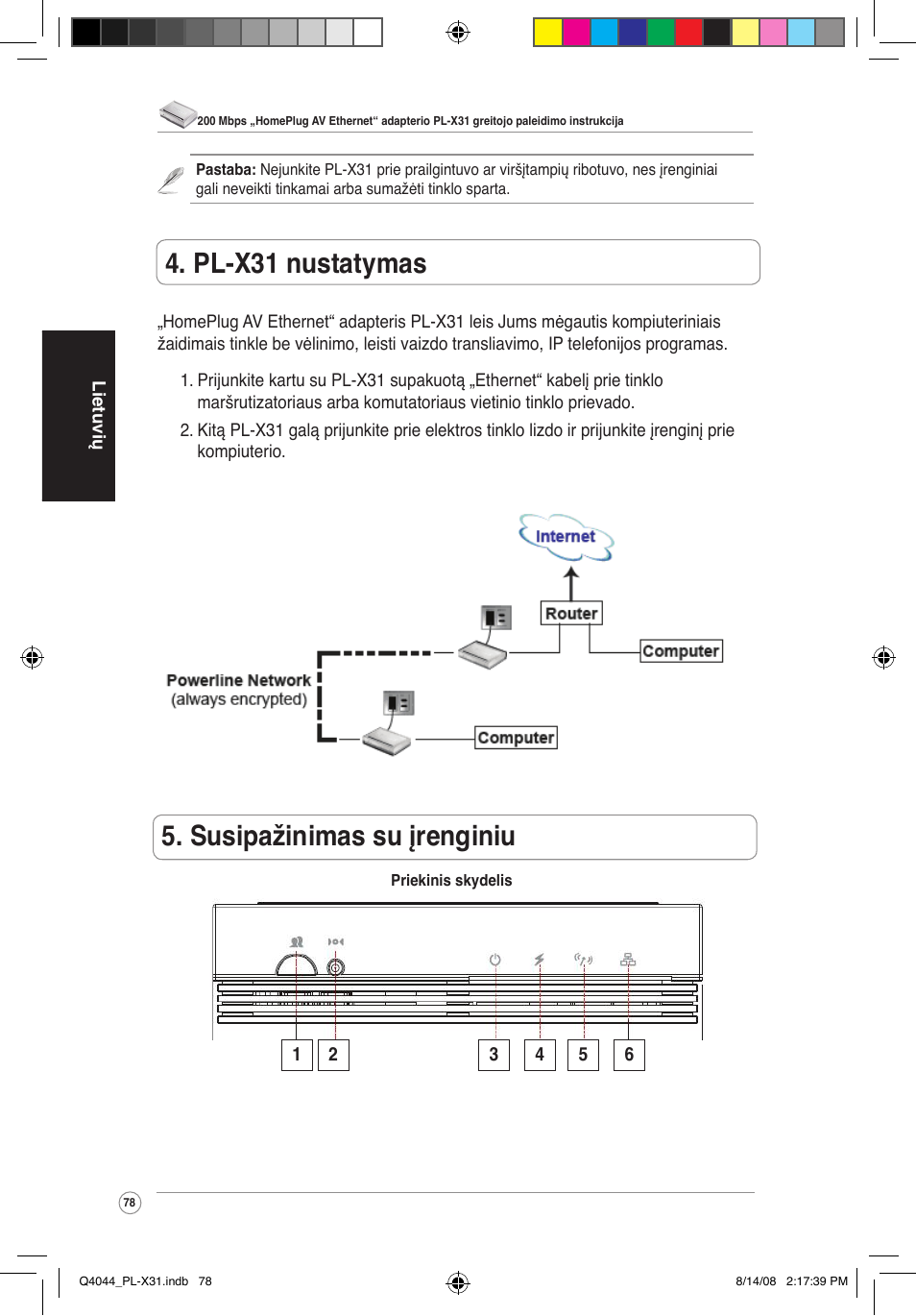 Susipažinimas su įrenginiu, Pl-x31 nustatymas | Asus PL-X31/PL-X32 User Manual | Page 79 / 102