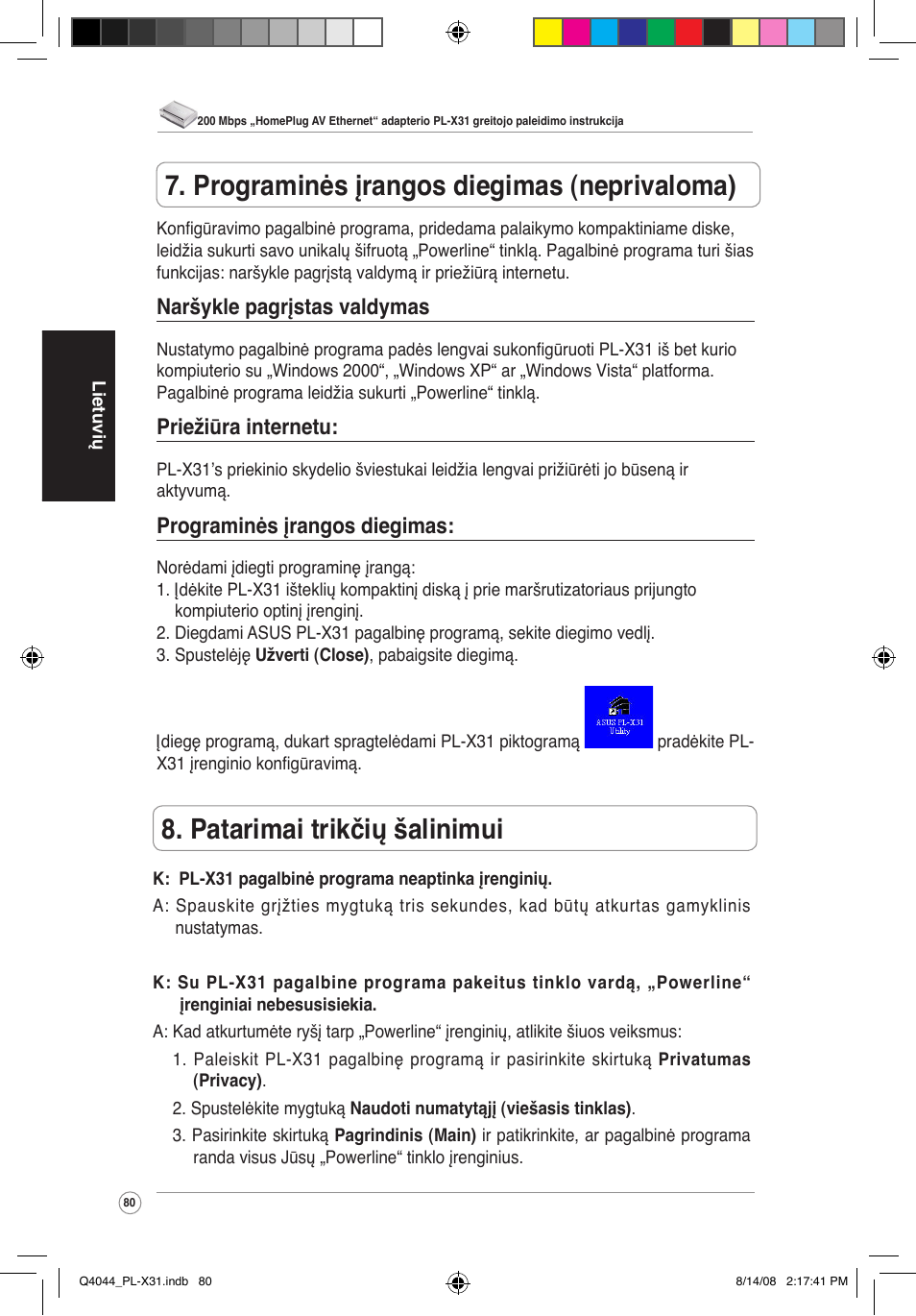 Patarimai trikčių šalinimui, Programinės įrangos diegimas (neprivaloma), Naršykle pagrįstas valdymas | Priežiūra internetu, Programinės įrangos diegimas | Asus PL-X31/PL-X32 User Manual | Page 81 / 102