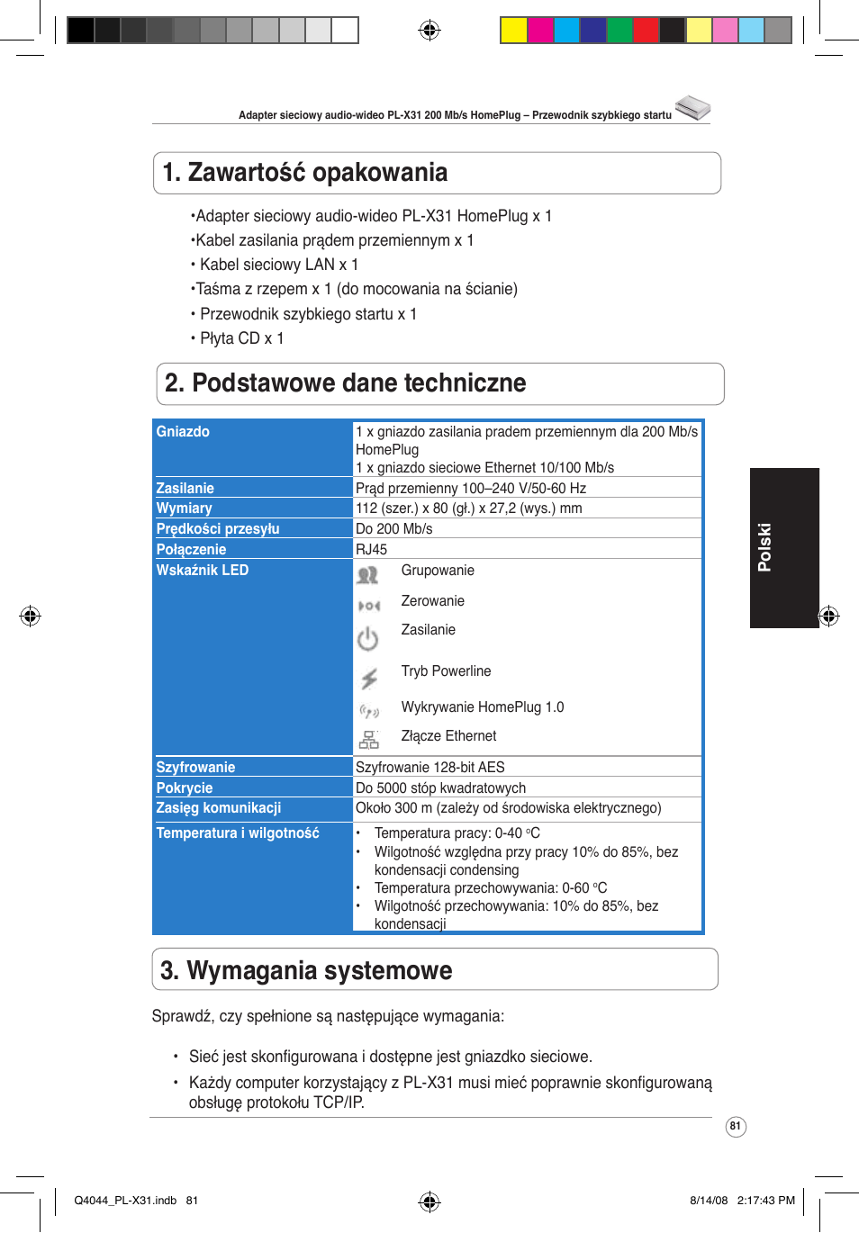 Zawartość opakowania, Podstawowe dane techniczne, Wymagania systemowe | Asus PL-X31/PL-X32 User Manual | Page 82 / 102