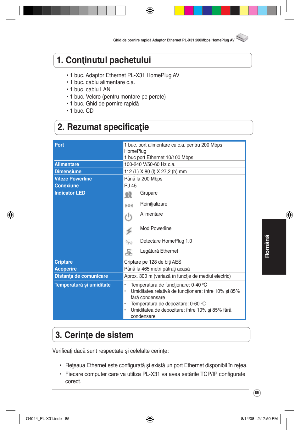 Conţinutul pachetului, Rezumat specificaţie, Cerinţe de sistem | Asus PL-X31/PL-X32 User Manual | Page 86 / 102