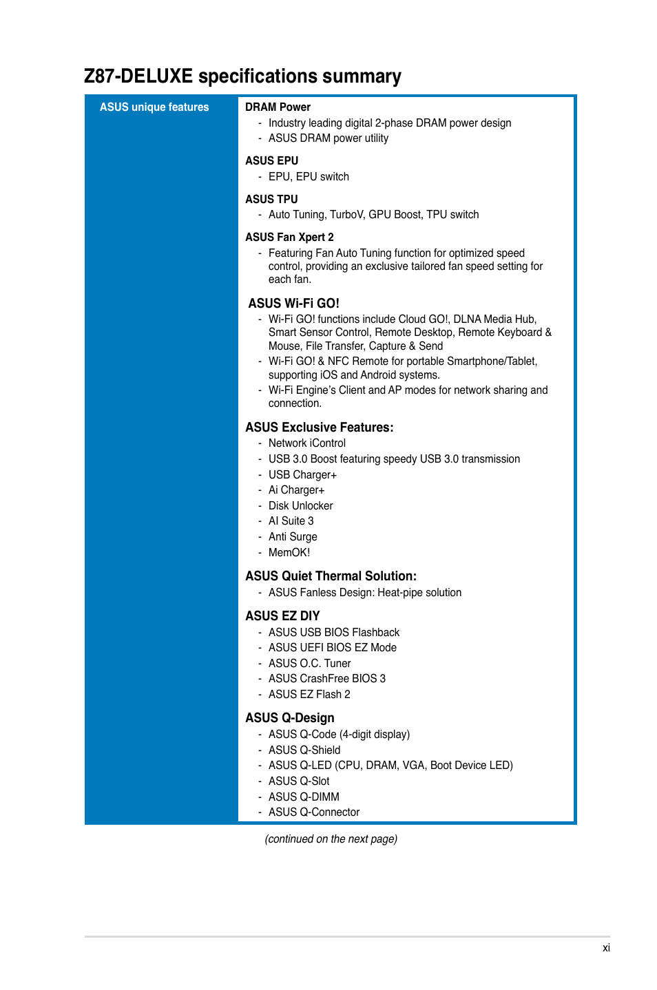 Z87-deluxe specifications summary | Asus Z87-DELUXE User Manual | Page 11 / 162