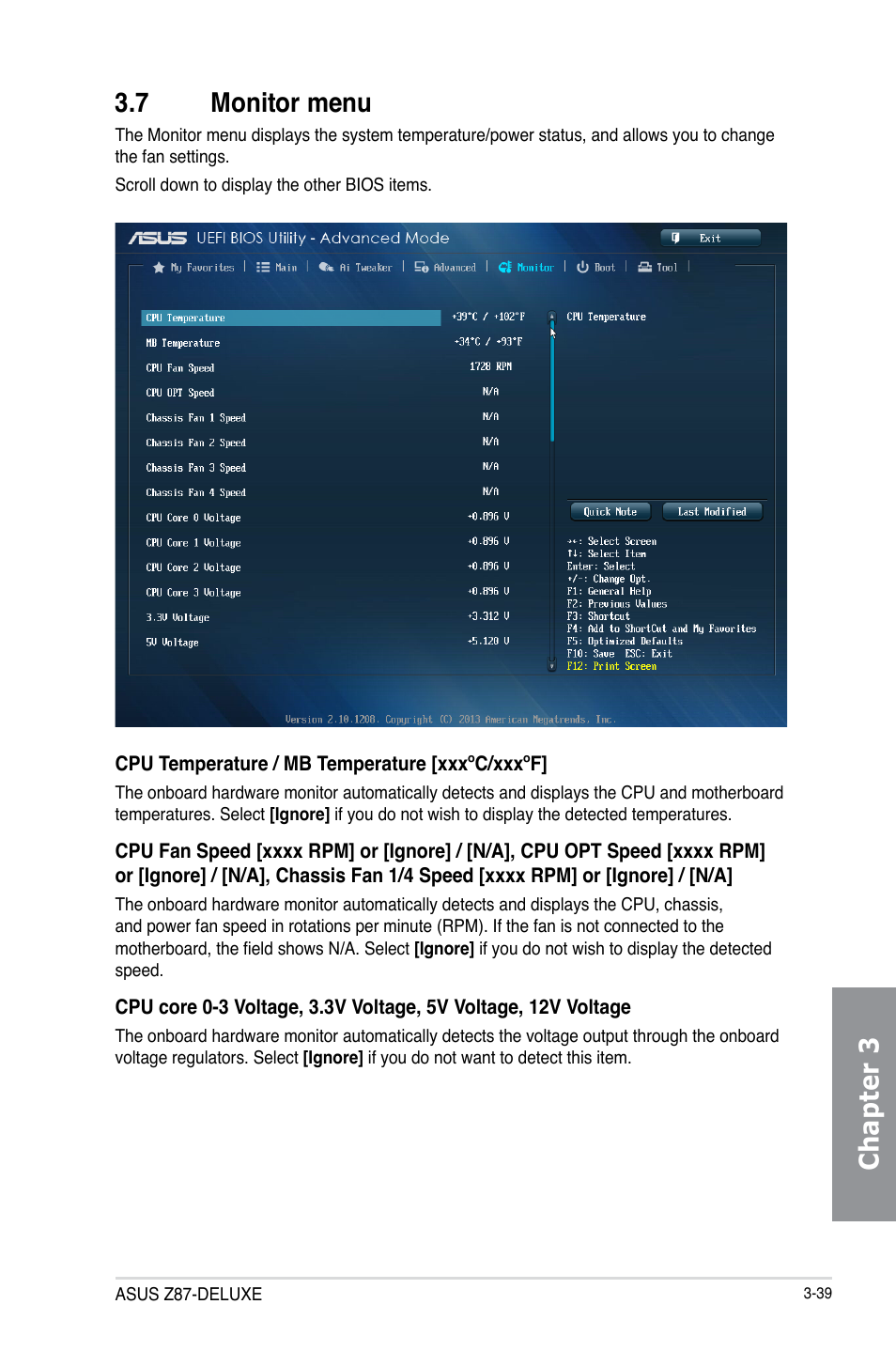 7 monitor menu, Monitor menu -39, Chapter 3 3.7 monitor menu | Asus Z87-DELUXE User Manual | Page 115 / 162