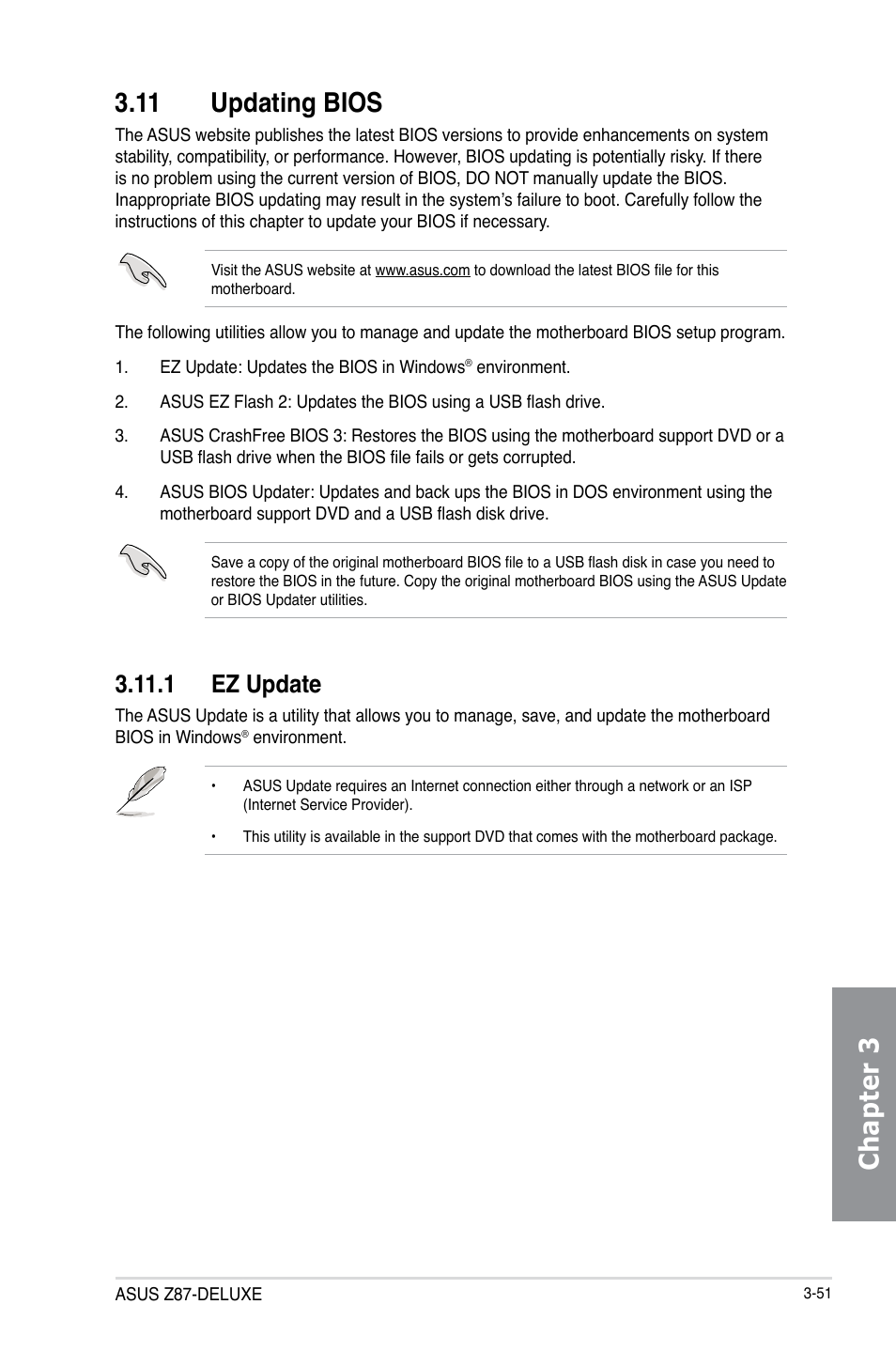 11 updating bios, 1 ez update, Updating bios -51 3.11.1 | Ez update -51, Chapter 3 3.11 updating bios | Asus Z87-DELUXE User Manual | Page 127 / 162