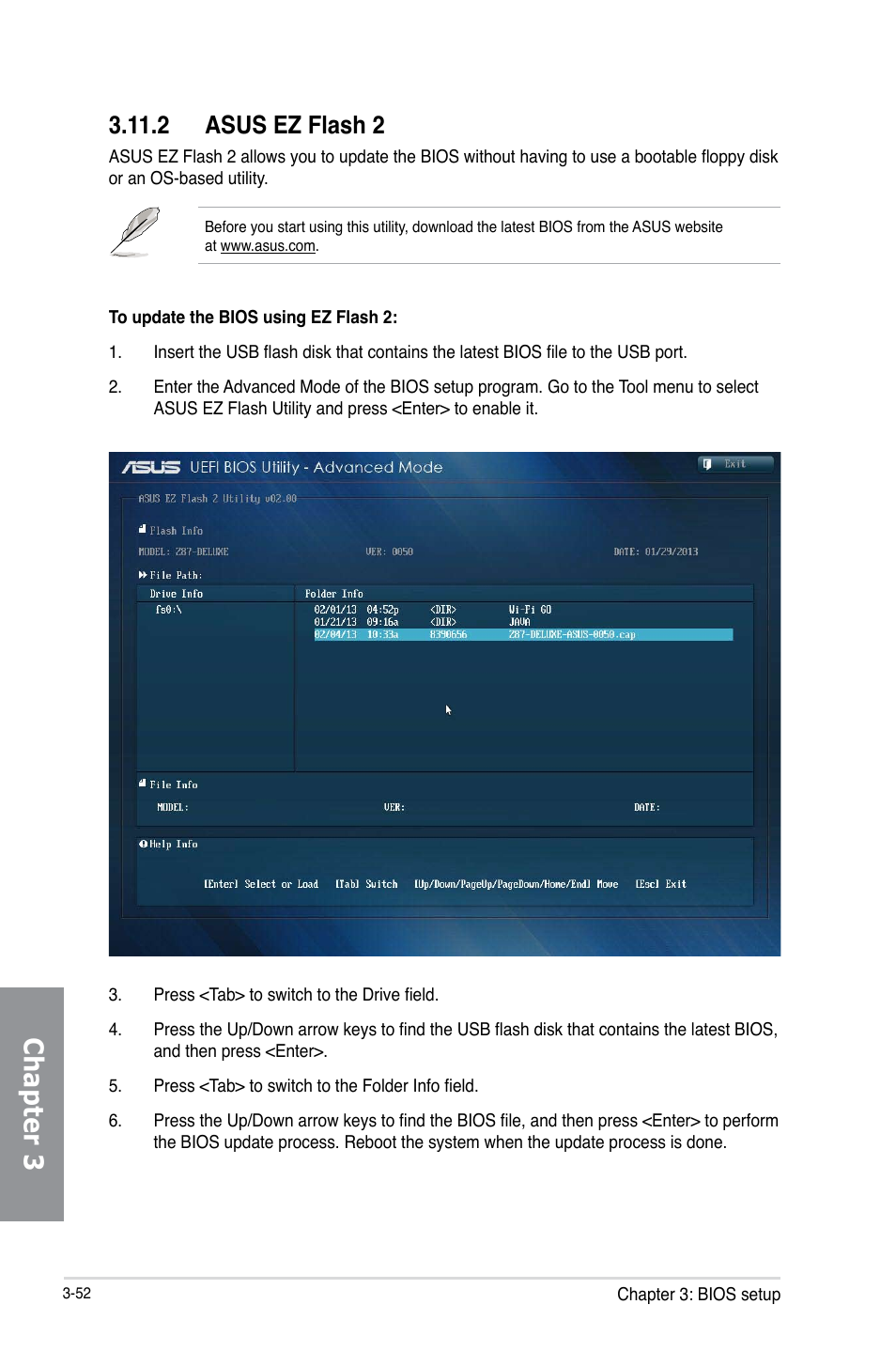 2 asus ez flash 2, Asus ez flash 2 -52, Chapter 3 | Asus Z87-DELUXE User Manual | Page 128 / 162