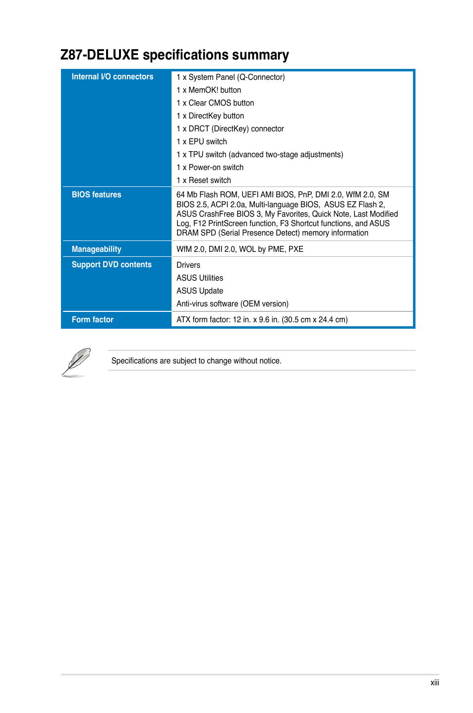 Z87-deluxe specifications summary | Asus Z87-DELUXE User Manual | Page 13 / 162