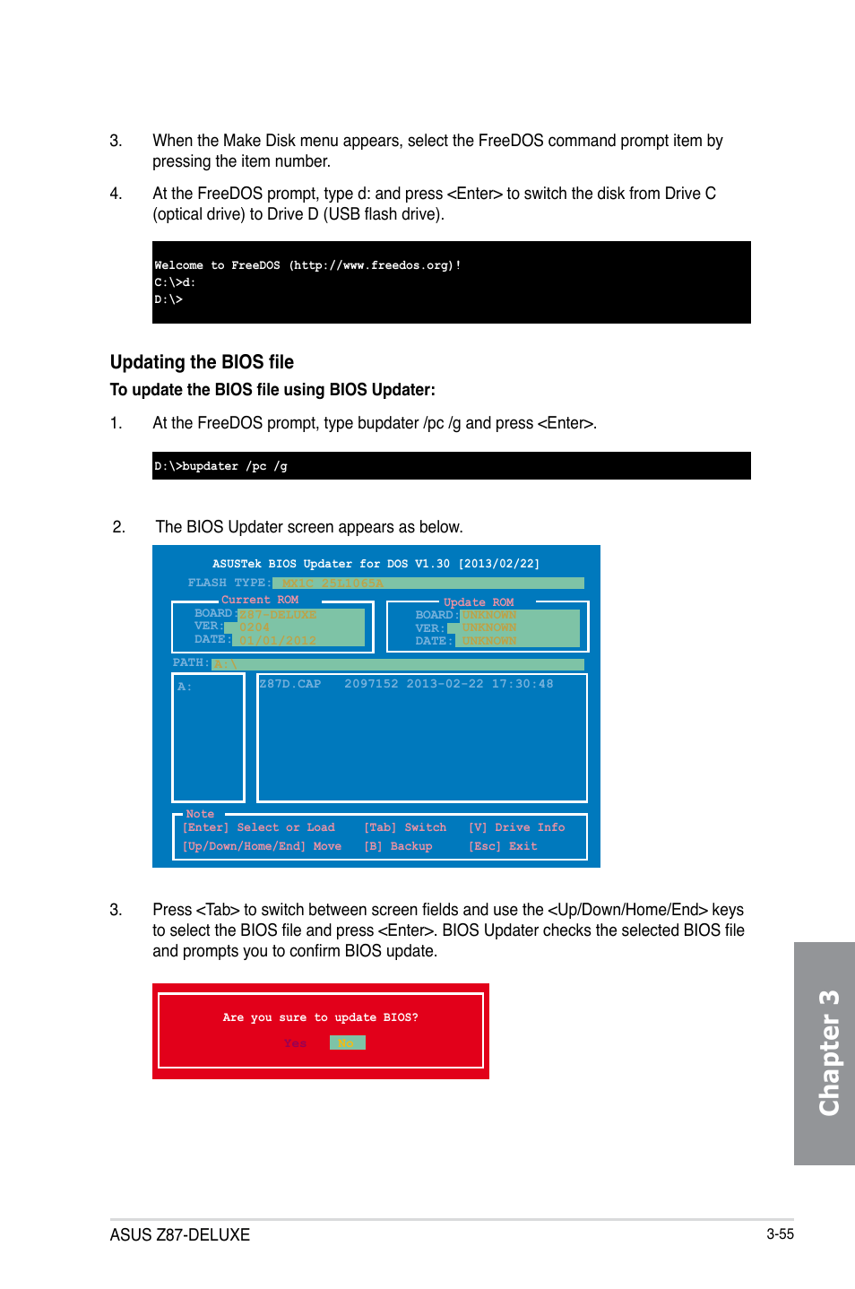 Chapter 3, Updating the bios file | Asus Z87-DELUXE User Manual | Page 131 / 162