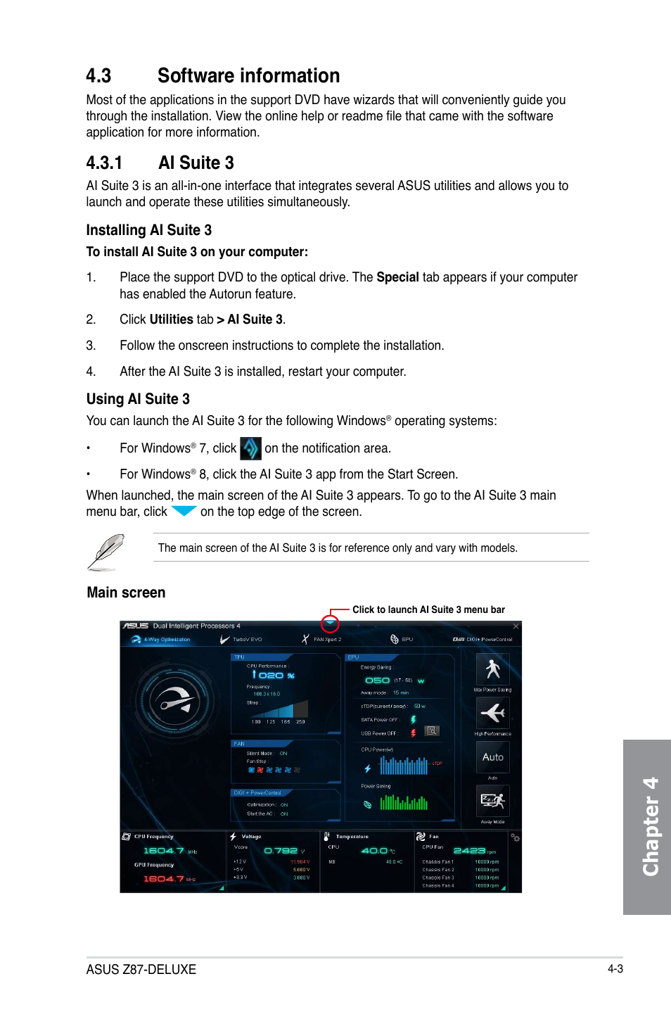 3 software information, 1 ai suite 3, Software information -3 4.3.1 | Ai suite 3 -3, Chapter 4 4.3 software information | Asus Z87-DELUXE User Manual | Page 135 / 162