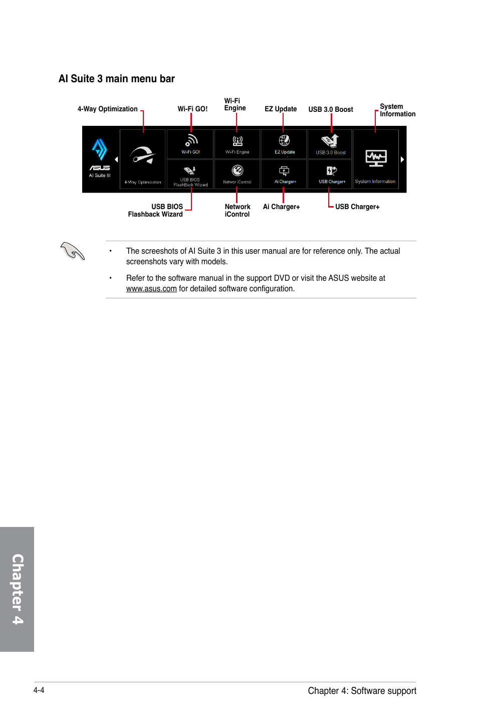 Chapter 4, Ai suite 3 main menu bar | Asus Z87-DELUXE User Manual | Page 136 / 162