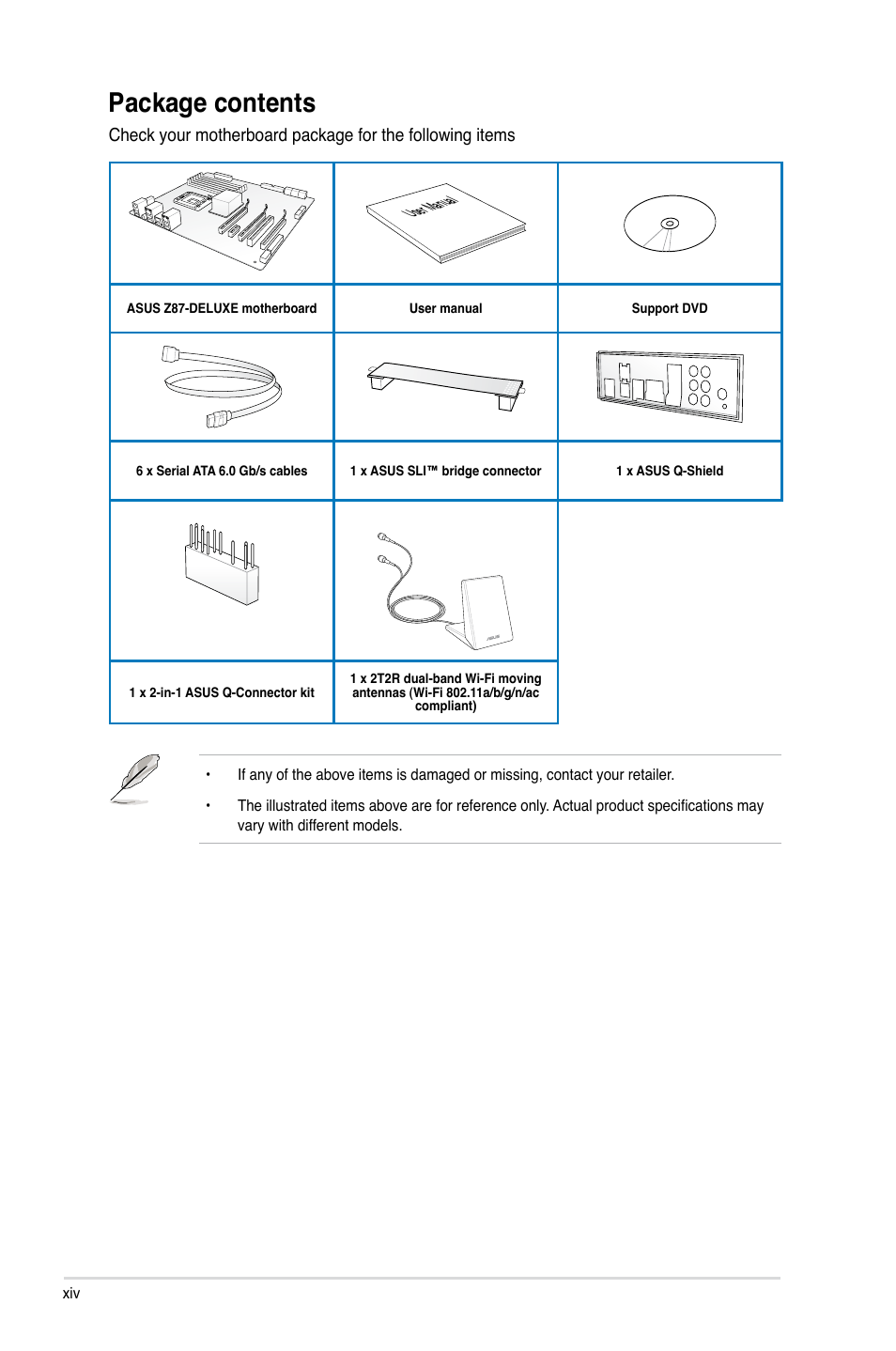 Package contents | Asus Z87-DELUXE User Manual | Page 14 / 162