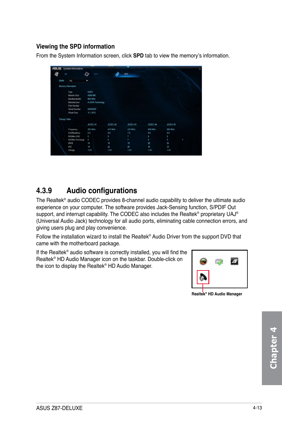 9 audio configurations, Audio configurations -13, Chapter 4 | Viewing the spd information | Asus Z87-DELUXE User Manual | Page 145 / 162