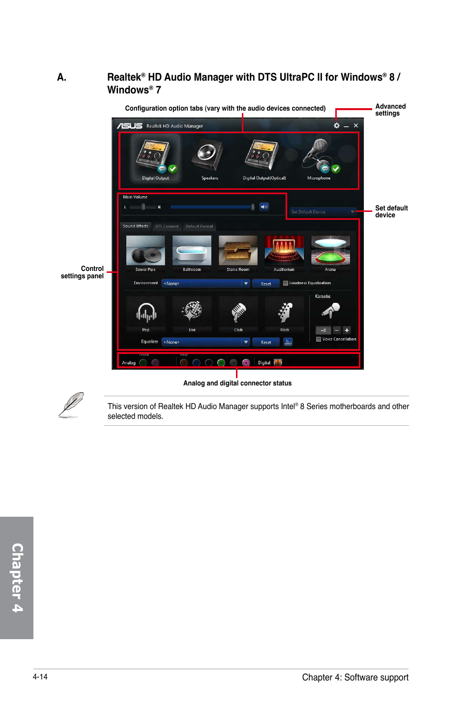 Chapter 4, A. realtek, Hd audio manager with dts ultrapc ii for windows | 8 / windows | Asus Z87-DELUXE User Manual | Page 146 / 162