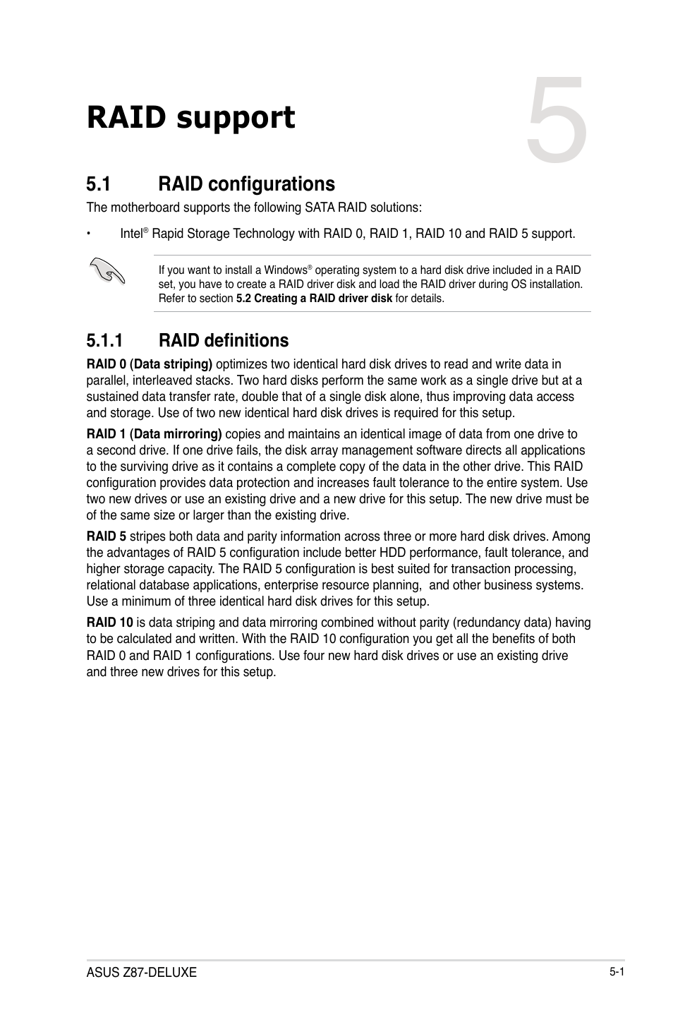 Chapter 5: raid support, 1 raid configurations, 1 raid definitions | Chapter 5, Raid support, Raid configurations -1 5.1.1, Raid definitions -1 | Asus Z87-DELUXE User Manual | Page 149 / 162