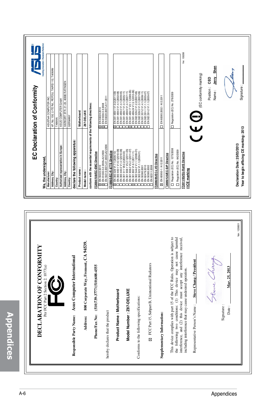 Ec declaration of conformity, Declaration of conformity, Appendices | As us c om pu te r i nt er na tio na l | Asus Z87-DELUXE User Manual | Page 162 / 162