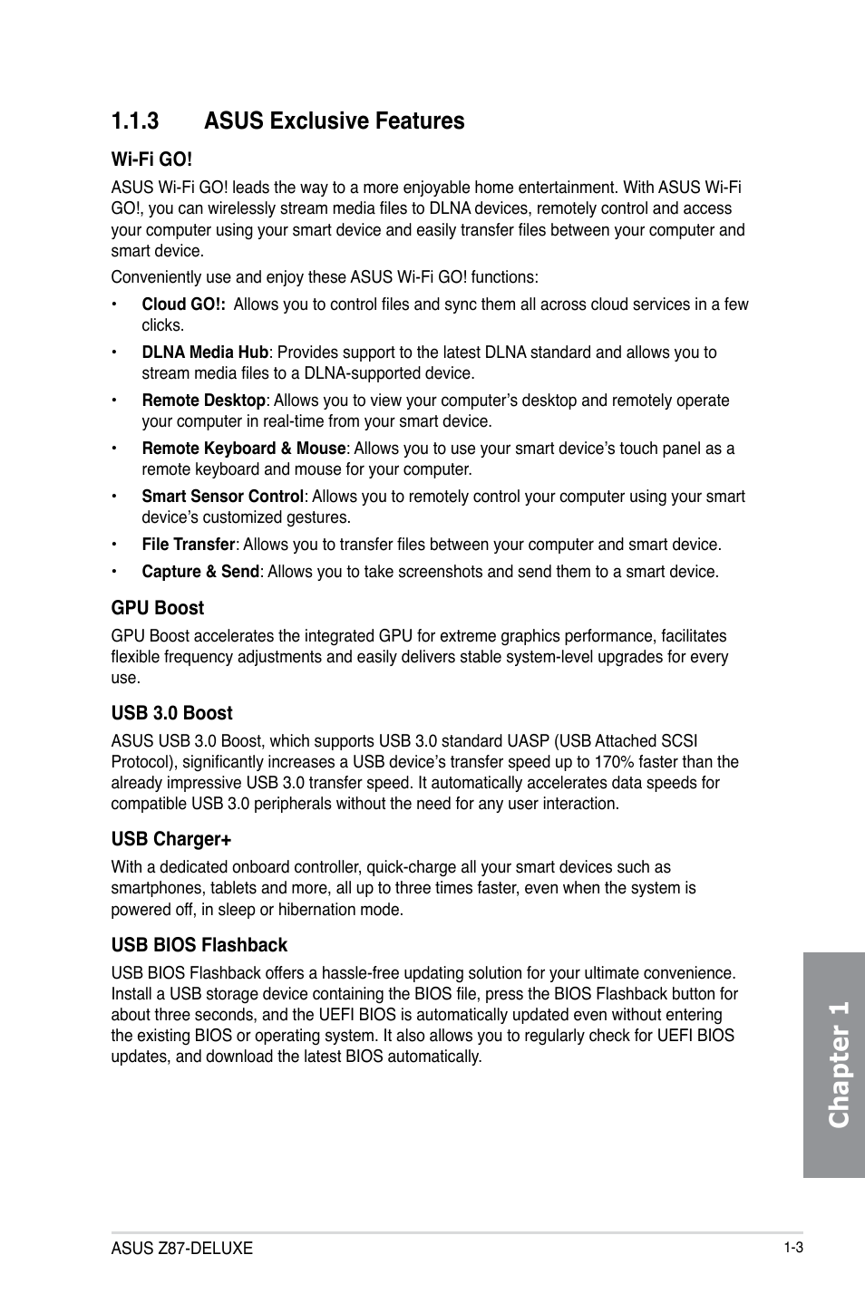 3 asus exclusive features, Asus exclusive features -3, Chapter 1 | Asus Z87-DELUXE User Manual | Page 19 / 162