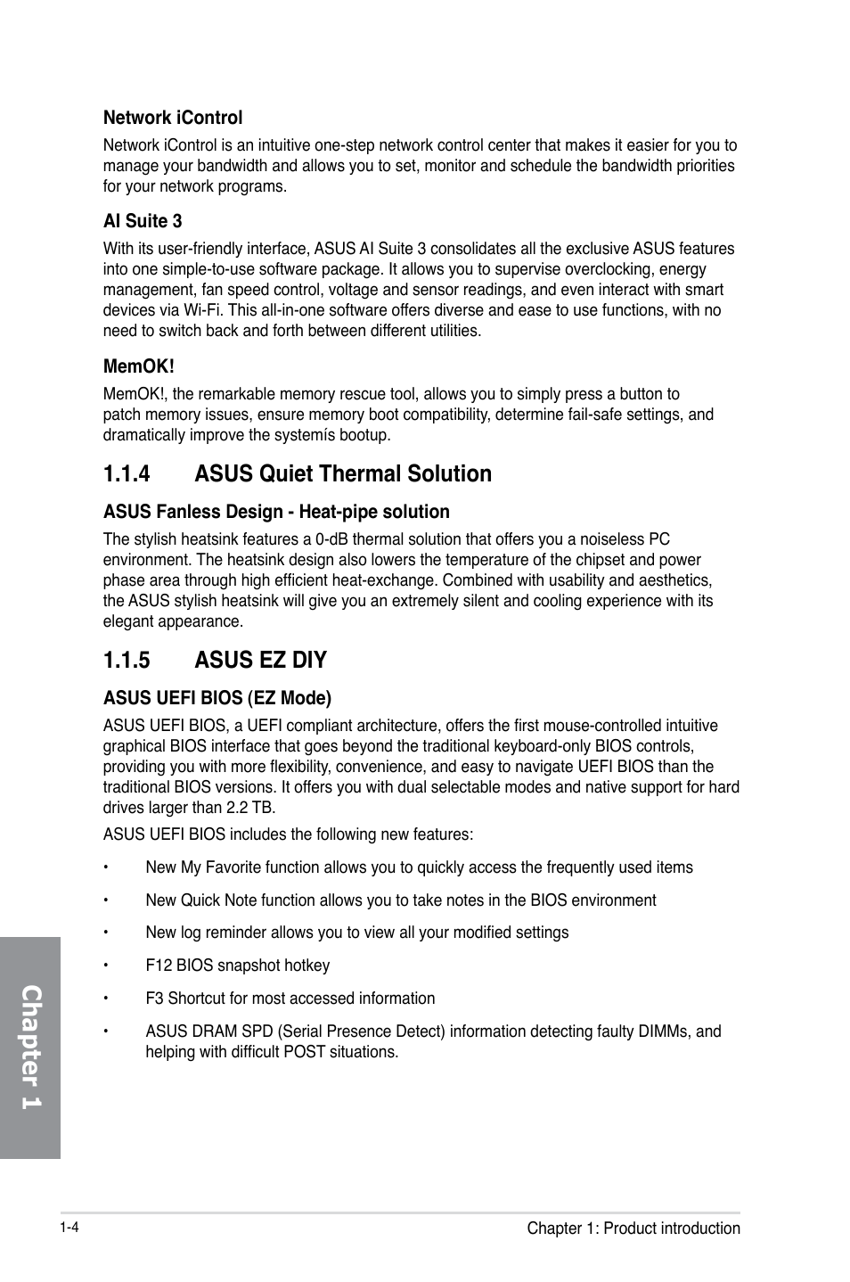 4 asus quiet thermal solution, 5 asus ez diy, Asus quiet thermal solution -4 | Asus ez diy -4, Chapter 1 | Asus Z87-DELUXE User Manual | Page 20 / 162