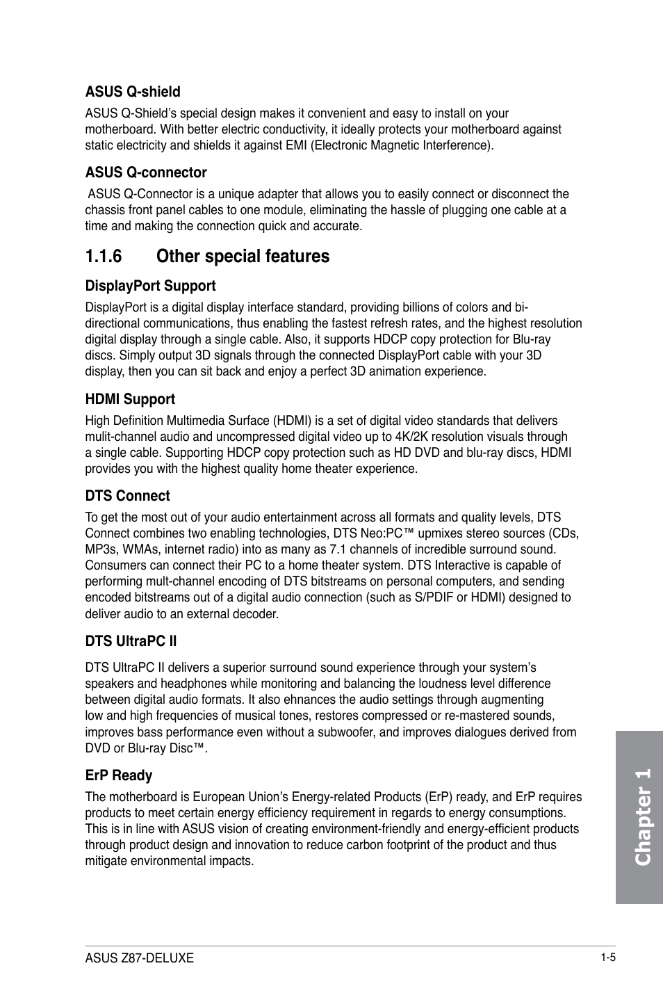 6 other special features, Other special features -5, Chapter 1 | Asus Z87-DELUXE User Manual | Page 21 / 162