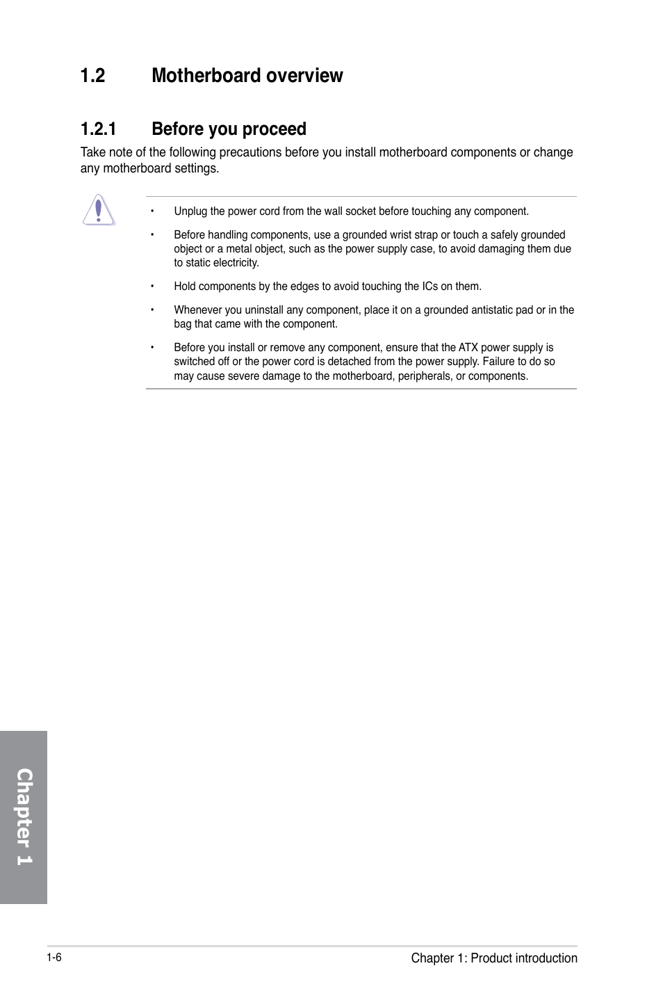 2 motherboard overview, 1 before you proceed, Motherboard overview -6 1.2.1 | Before you proceed -6, Chapter 1 | Asus Z87-DELUXE User Manual | Page 22 / 162