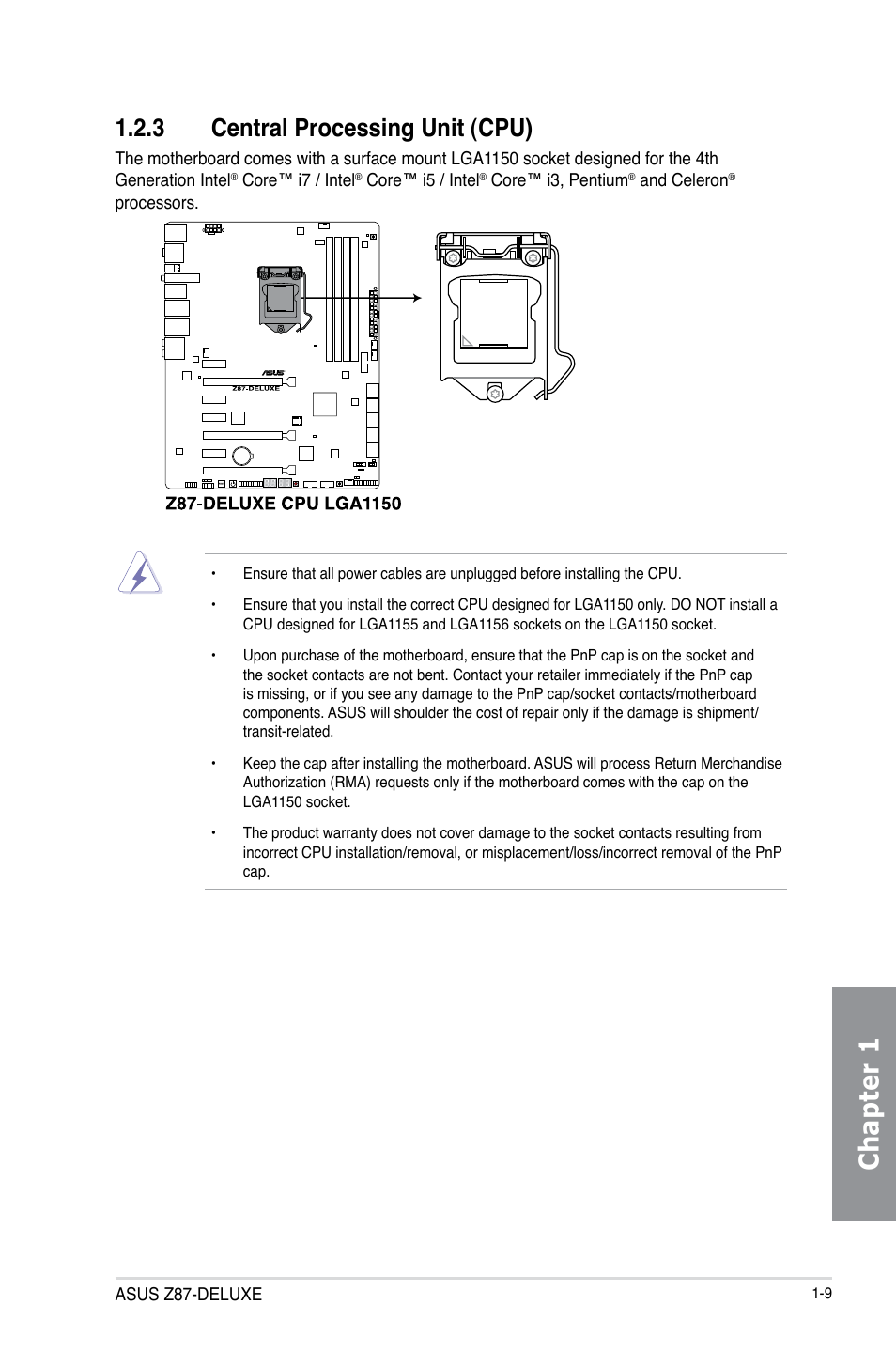 3 central processing unit (cpu), Central processing unit (cpu) -9, Chapter 1 | Asus Z87-DELUXE User Manual | Page 25 / 162