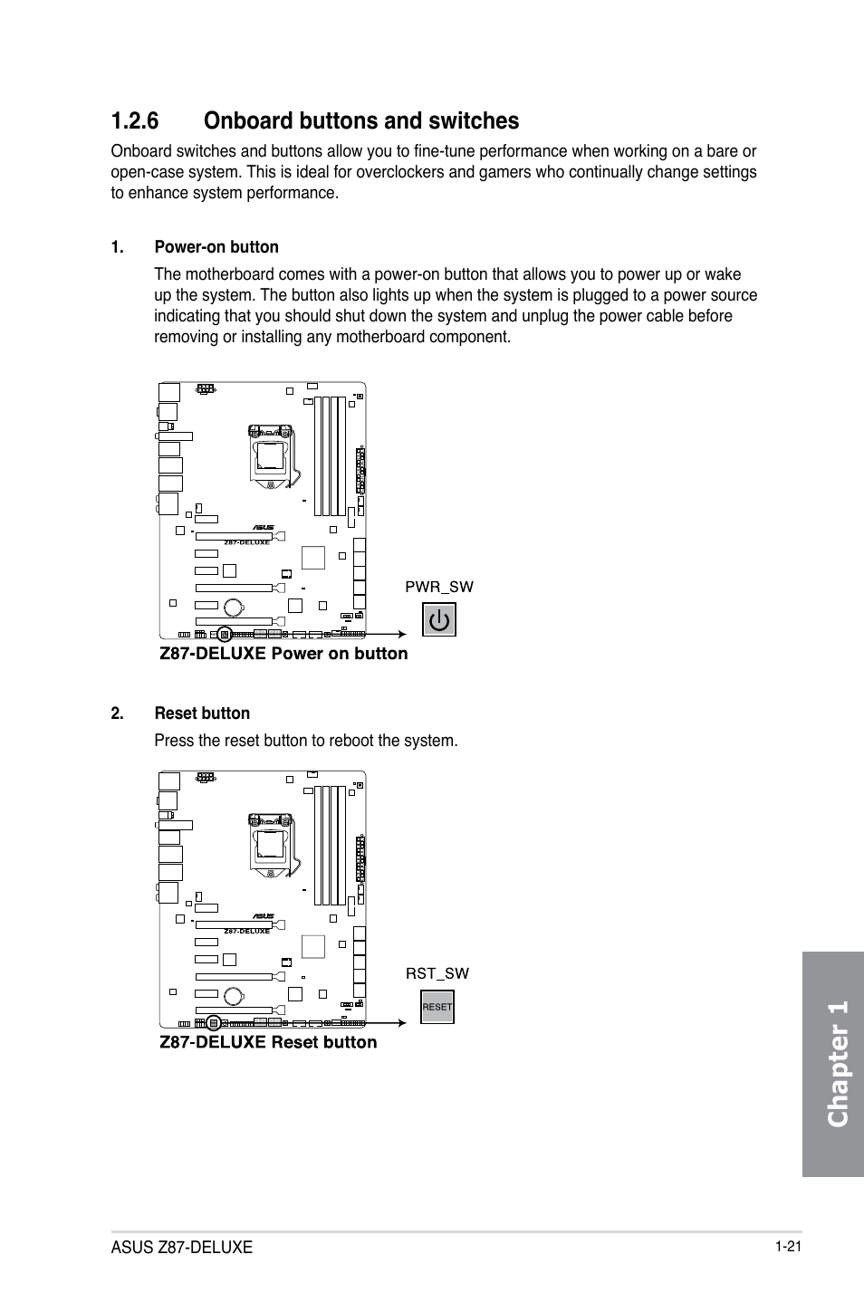 6 onboard buttons and switches, Onboard buttons and switches -21, Chapter 1 | Asus Z87-DELUXE User Manual | Page 37 / 162