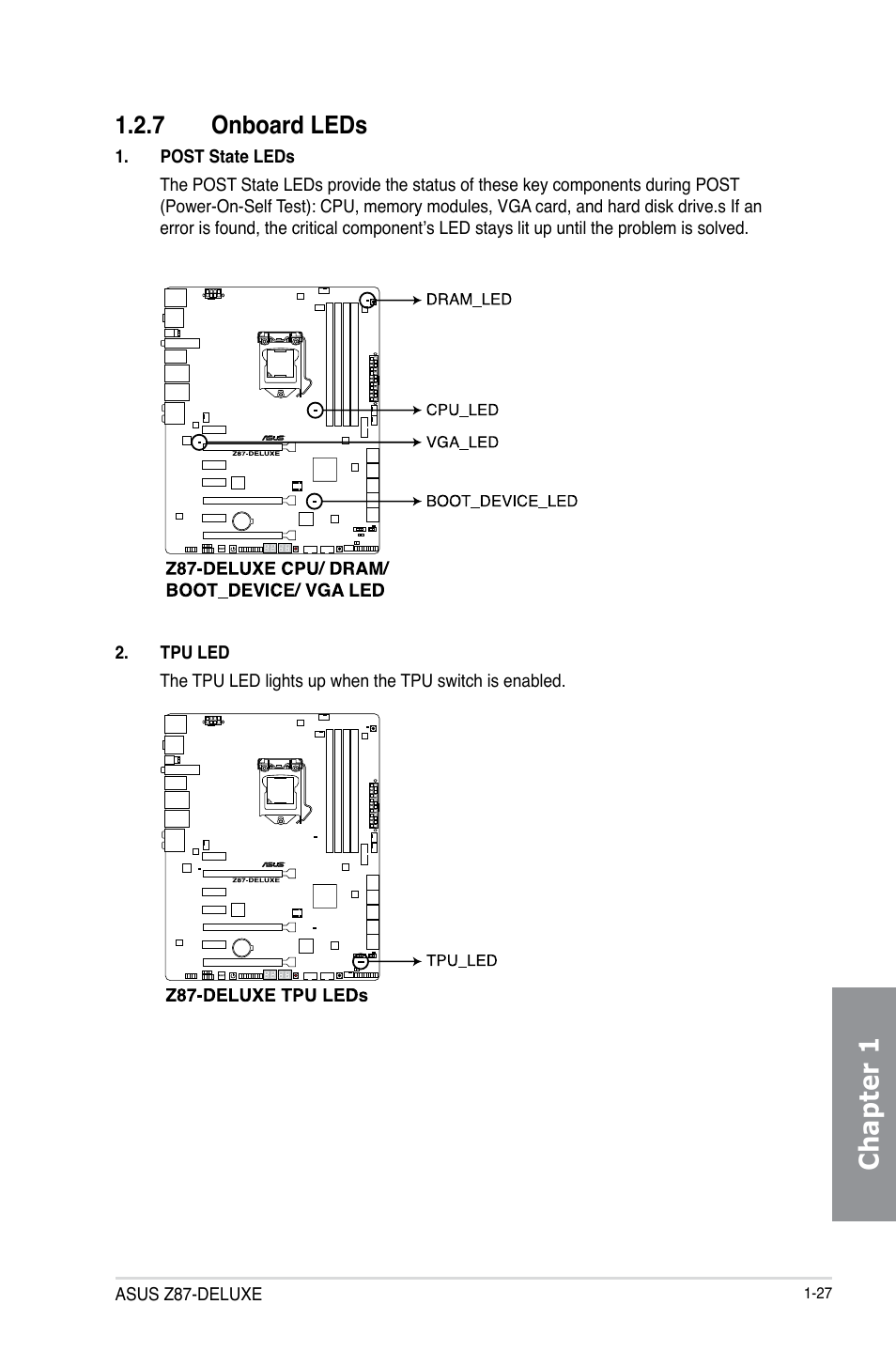 7 onboard leds, Onboard leds -27, Chapter 1 | Asus Z87-DELUXE User Manual | Page 43 / 162