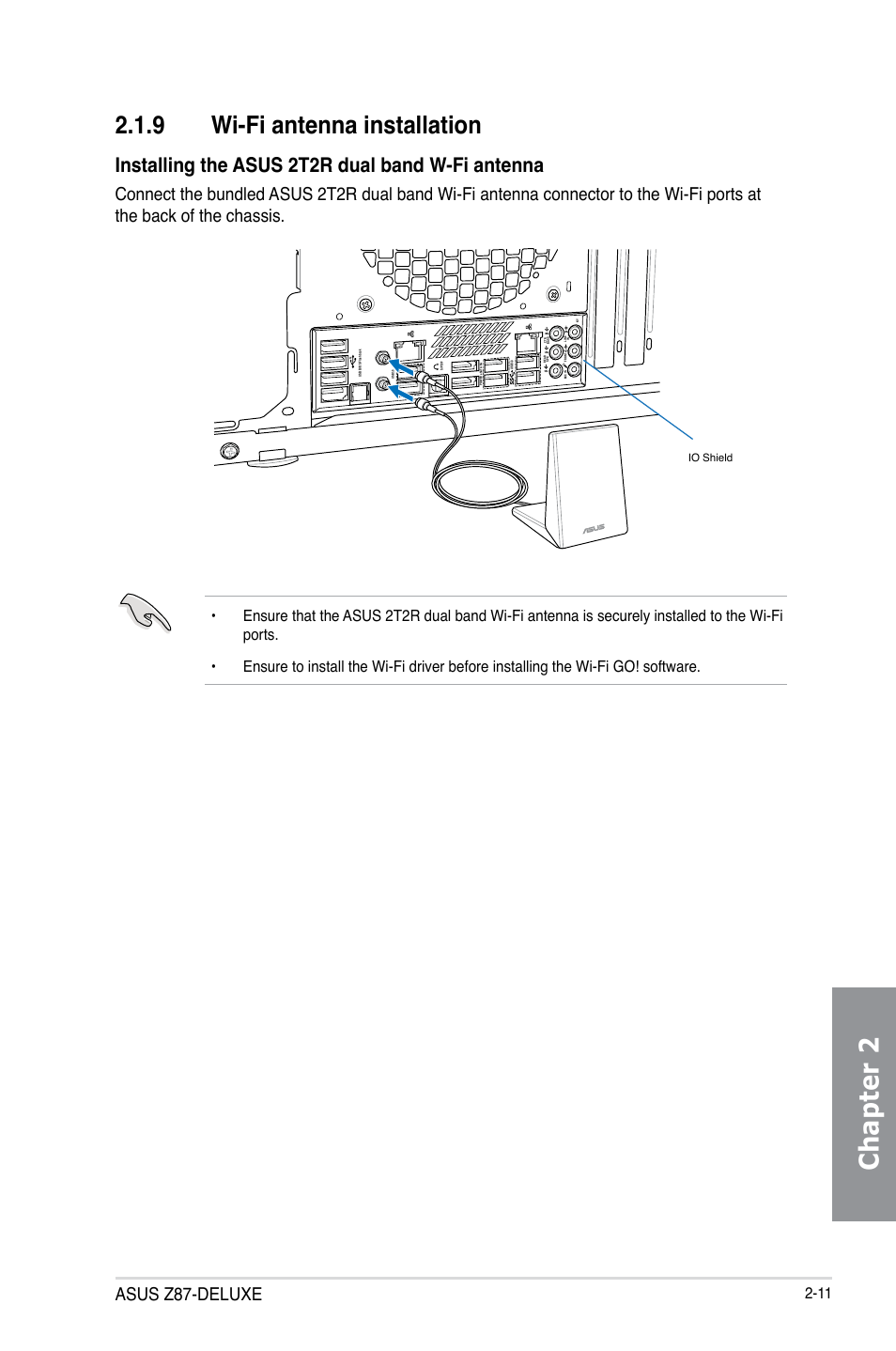 9 wi-fi antenna installation, Wi-fi antenna installation -11, Chapter 2 | Installing the asus 2t2r dual band w-fi antenna, Asus z87-deluxe | Asus Z87-DELUXE User Manual | Page 69 / 162