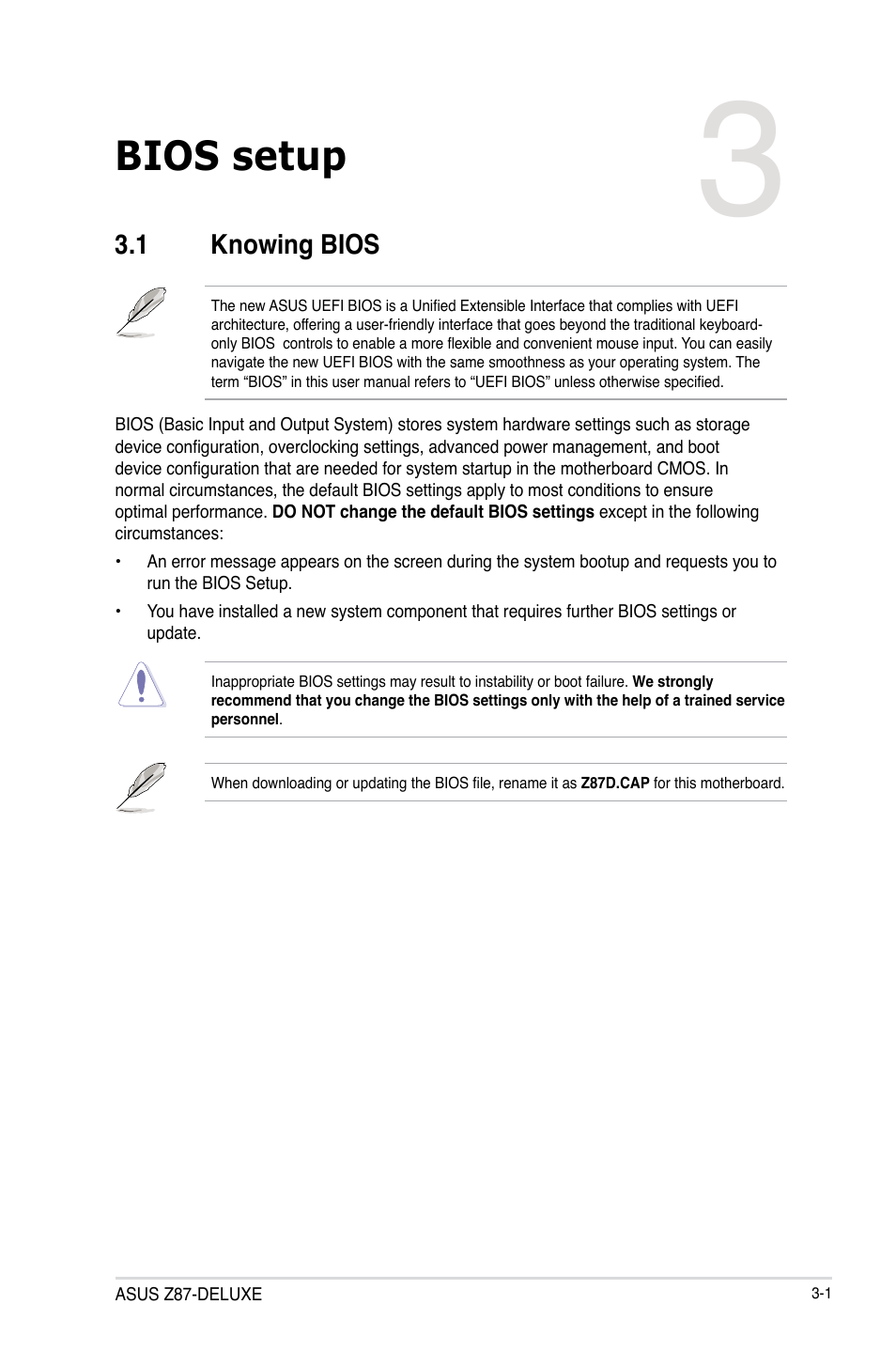 Chapter 3: bios setup, 1 knowing bios, Chapter 3 | Bios setup, Knowing bios -1 | Asus Z87-DELUXE User Manual | Page 77 / 162