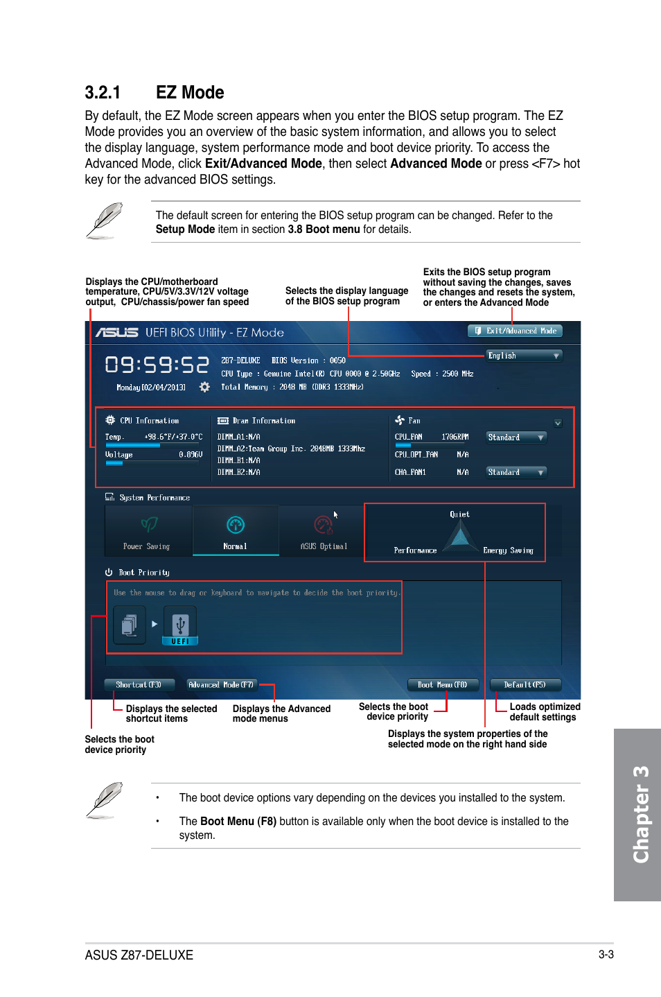 1 ez mode, Ez mode -3, Chapter 3 | Asus Z87-DELUXE User Manual | Page 79 / 162