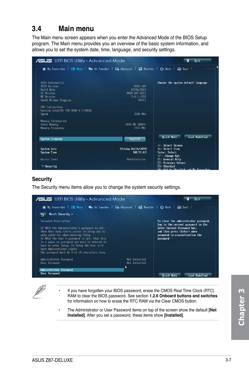 4 main menu, Main menu -7, Chapter 3 3.4 main menu | Asus Z87-DELUXE User Manual | Page 83 / 162