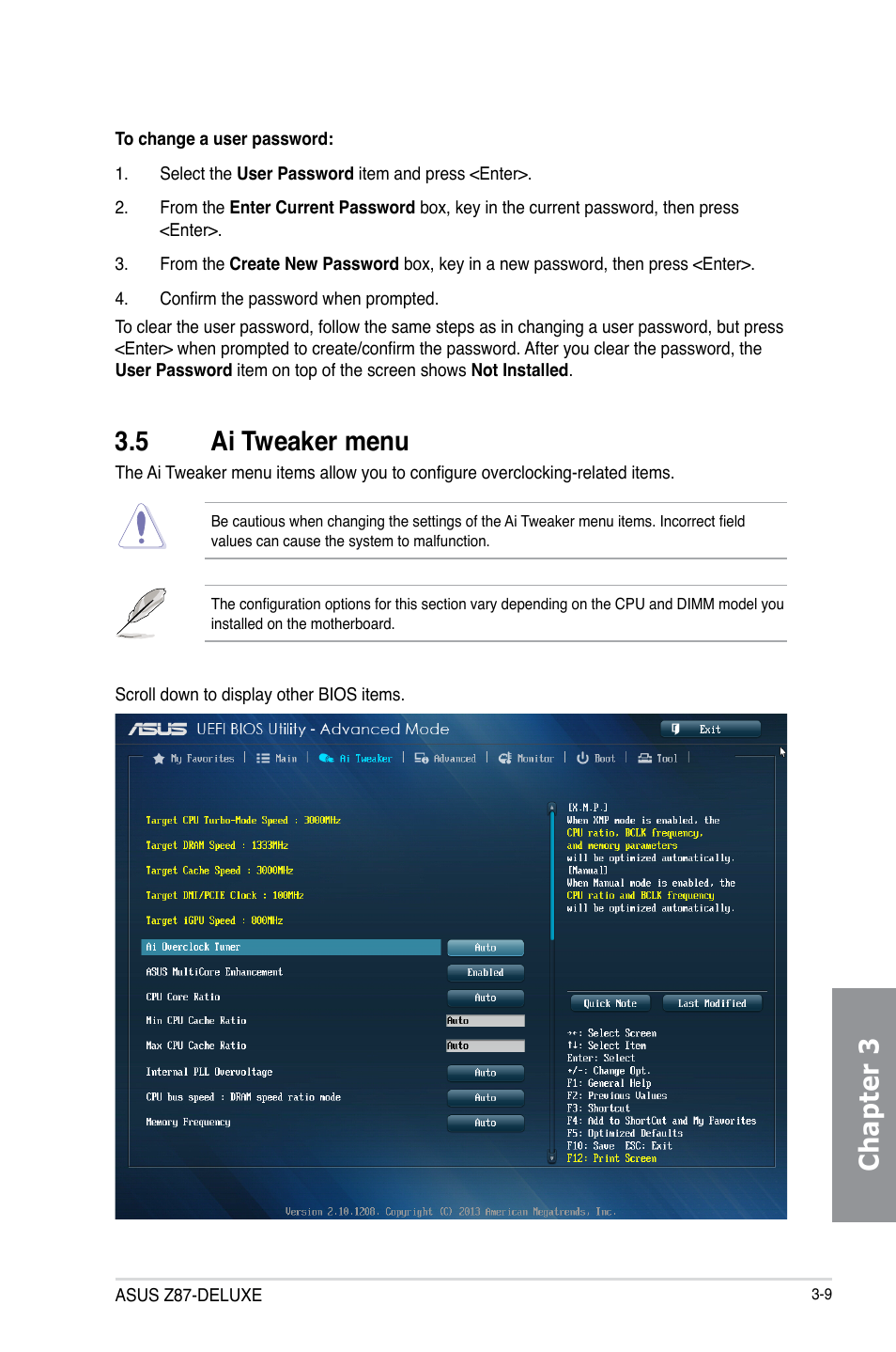 5 ai tweaker menu, Ai tweaker menu -9, Chapter 3 | Asus Z87-DELUXE User Manual | Page 85 / 162