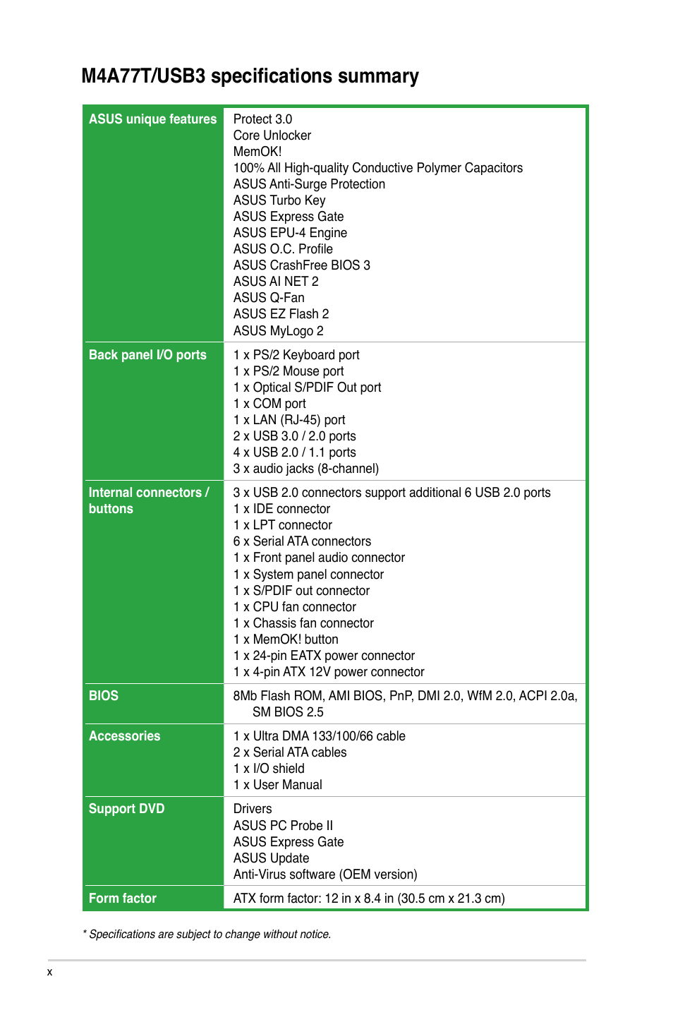 M4a77t/usb3 specifications summary | Asus M4A77T/USB3 User Manual | Page 10 / 62