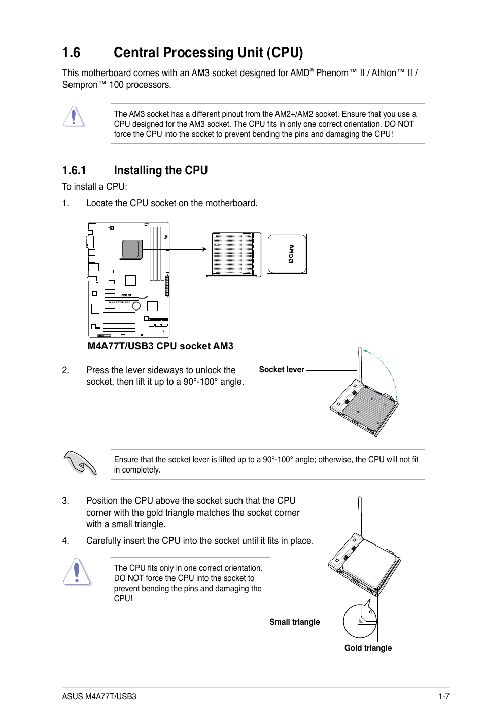 6 central processing unit (cpu), 1 installing the cpu, Central processing unit (cpu) -7 1.6.1 | Installing the cpu -7 | Asus M4A77T/USB3 User Manual | Page 17 / 62