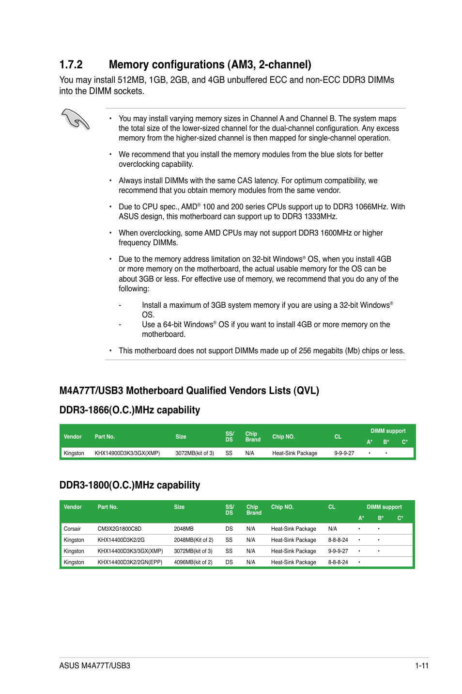 2 memory configurations (am3, 2-channel), Memory configurations (am3, 2-channel) -11 | Asus M4A77T/USB3 User Manual | Page 21 / 62