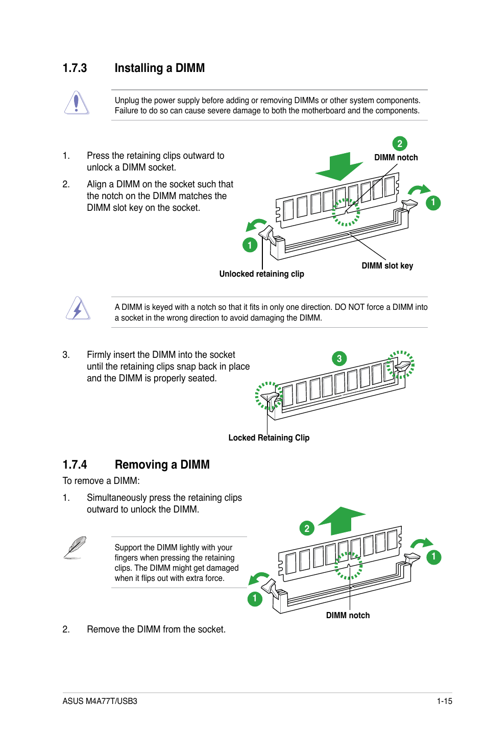 3 installing a dimm, 4 removing a dimm, Installing a dimm -15 | Removing a dimm -15 | Asus M4A77T/USB3 User Manual | Page 25 / 62