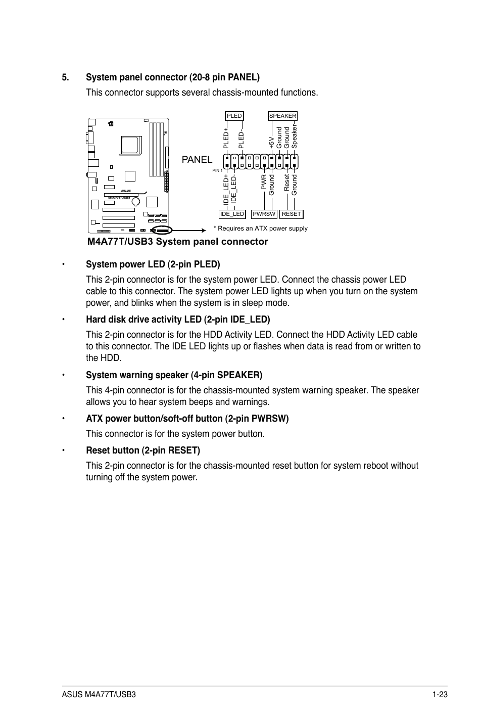 M4a77t/usb3 system panel connector, Panel | Asus M4A77T/USB3 User Manual | Page 33 / 62