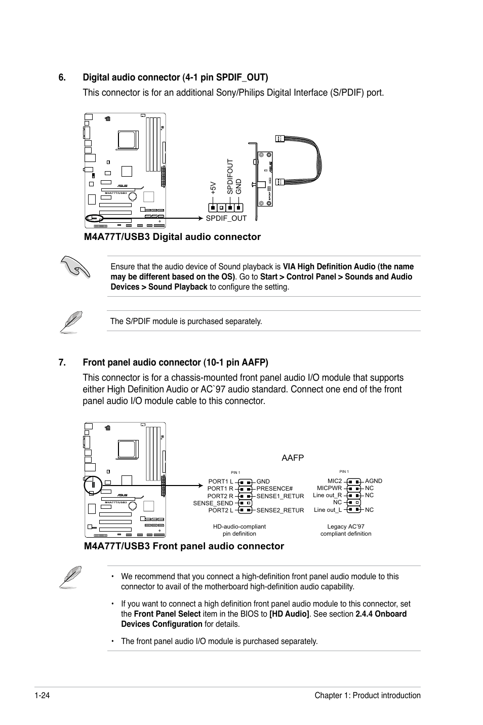 M4a77t/usb3 digital audio connector, M4a77t/usb3 front panel audio connector | Asus M4A77T/USB3 User Manual | Page 34 / 62