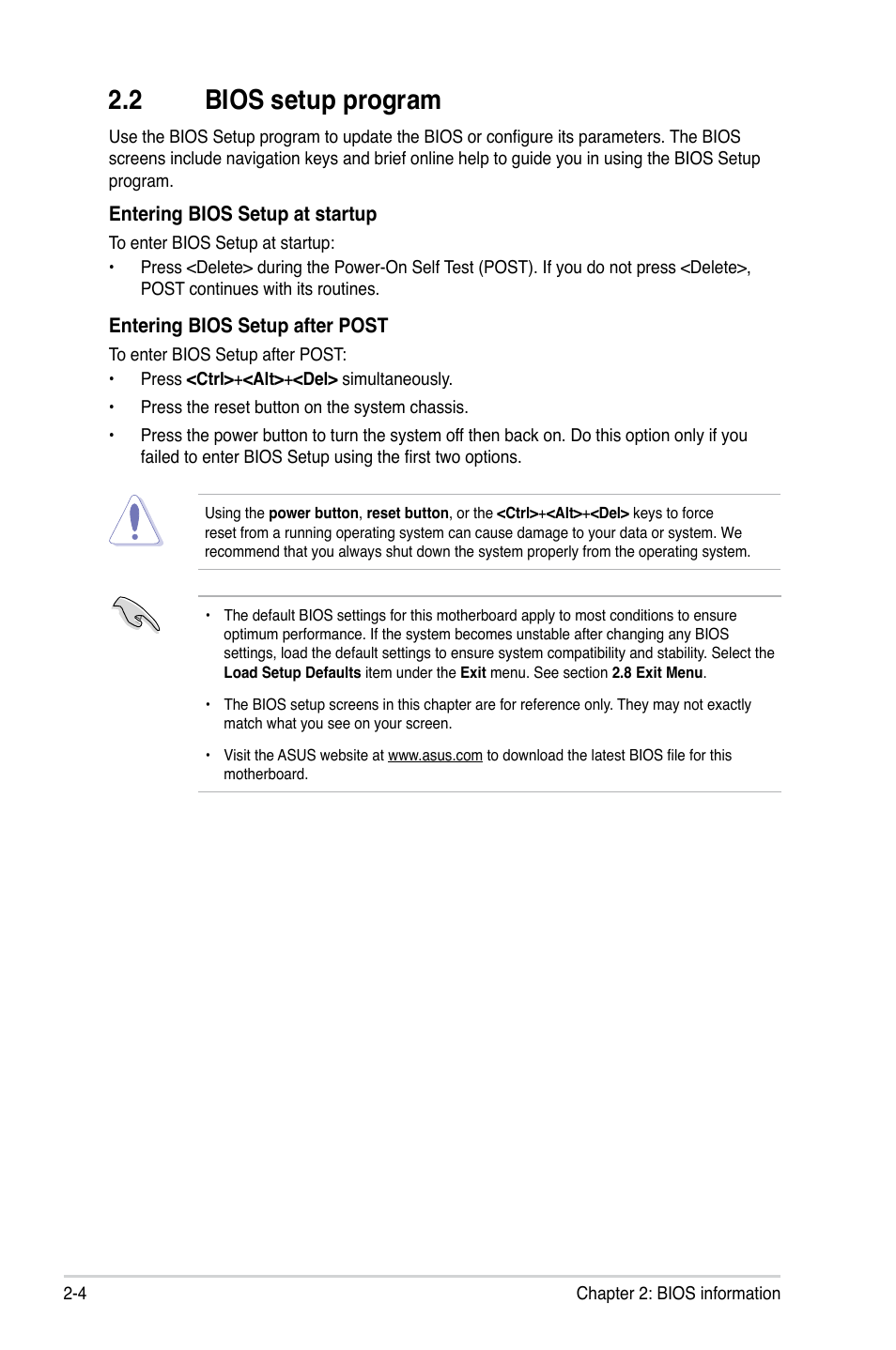 2 bios setup program, Bios setup program -4 | Asus M4A77T/USB3 User Manual | Page 42 / 62