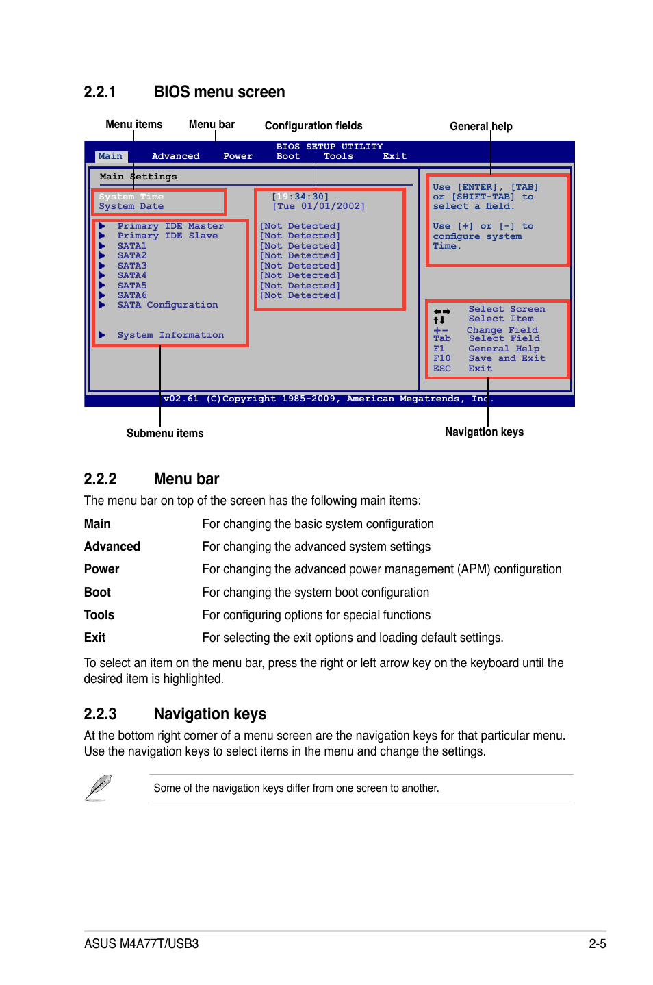 1 bios menu screen, 2 menu bar, 3 navigation keys | Bios menu screen -5, Menu bar -5, Navigation keys -5, 1 bios menu screen 2.2.2 menu bar | Asus M4A77T/USB3 User Manual | Page 43 / 62