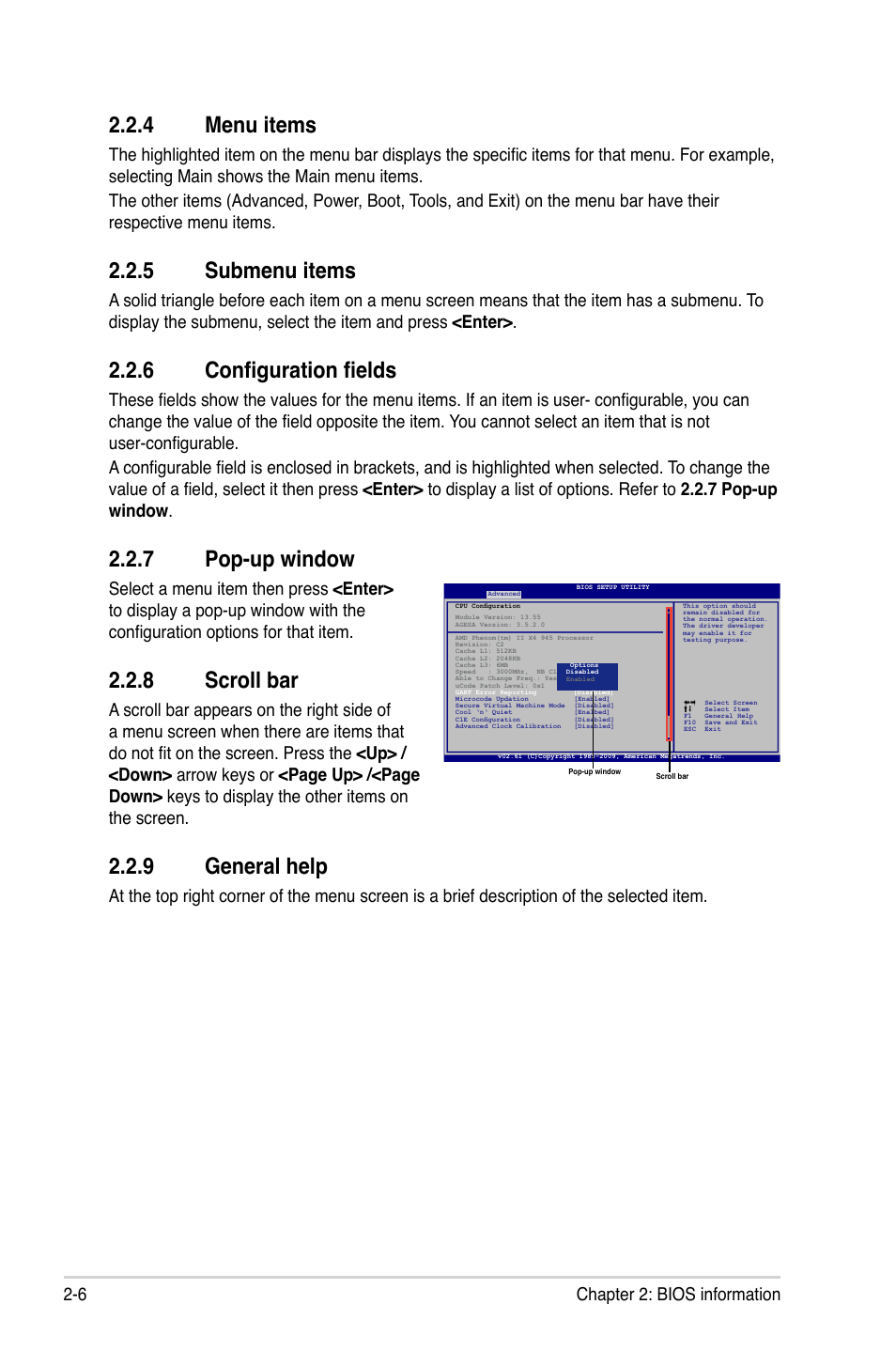 4 menu items, 5 submenu items, 6 configuration fields | 7 pop-up window, 8 scroll bar, 9 general help, Menu items -6, Submenu items -6, Configuration fields -6, Pop-up window -6 | Asus M4A77T/USB3 User Manual | Page 44 / 62