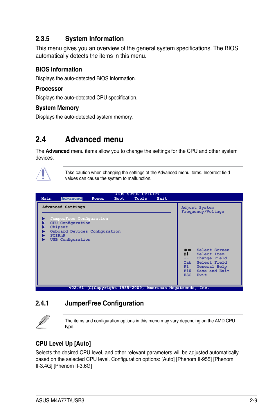 5 system information, 4 advanced menu, 1 jumperfree configuration | System information -9, Advanced menu -9 2.4.1, Jumperfree configuration -9, Cpu level up [auto, Processor | Asus M4A77T/USB3 User Manual | Page 47 / 62