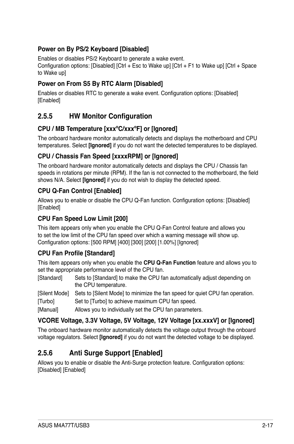 5 hw monitor configuration, 6 anti surge support [enabled, Hw monitor configuration -17 | Anti surge support -17 | Asus M4A77T/USB3 User Manual | Page 55 / 62