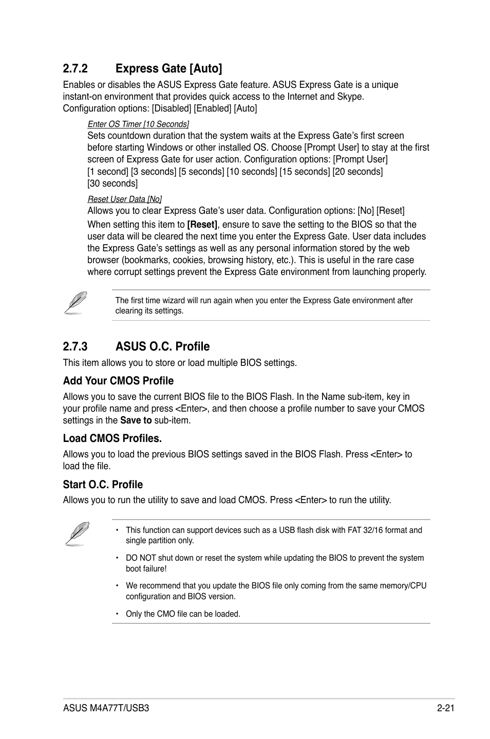 2 express gate, 3 asus o.c. profile, Express gate -21 | Asus o.c. profile -21, 2 express gate [auto | Asus M4A77T/USB3 User Manual | Page 59 / 62