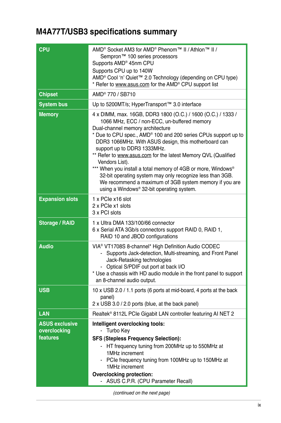 M4a77t/usb3 specifications summary | Asus M4A77T/USB3 User Manual | Page 9 / 62