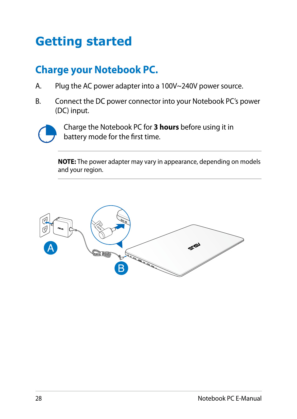 Getting started, Charge your notebook pc | Asus R552LF User Manual | Page 28 / 140
