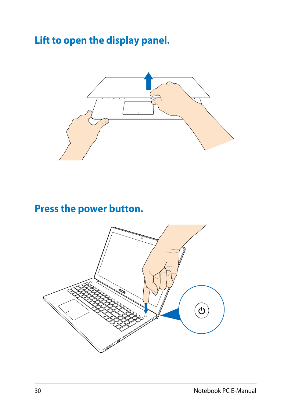 Lift to open the display panel, Press the power button | Asus R552LF User Manual | Page 30 / 140