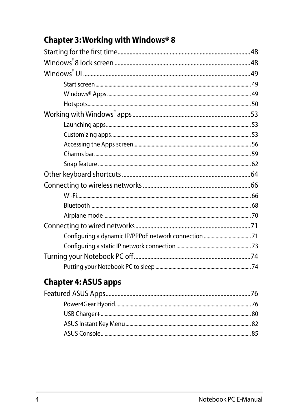 Chapter 3: working with windows® 8, Chapter 4: asus apps | Asus R552LF User Manual | Page 4 / 140