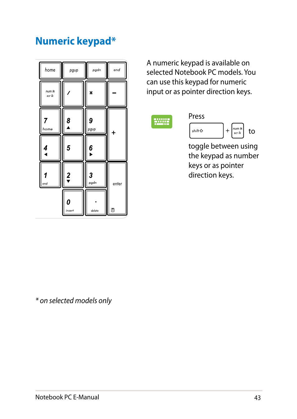 Numeric keypad | Asus R552LF User Manual | Page 43 / 140