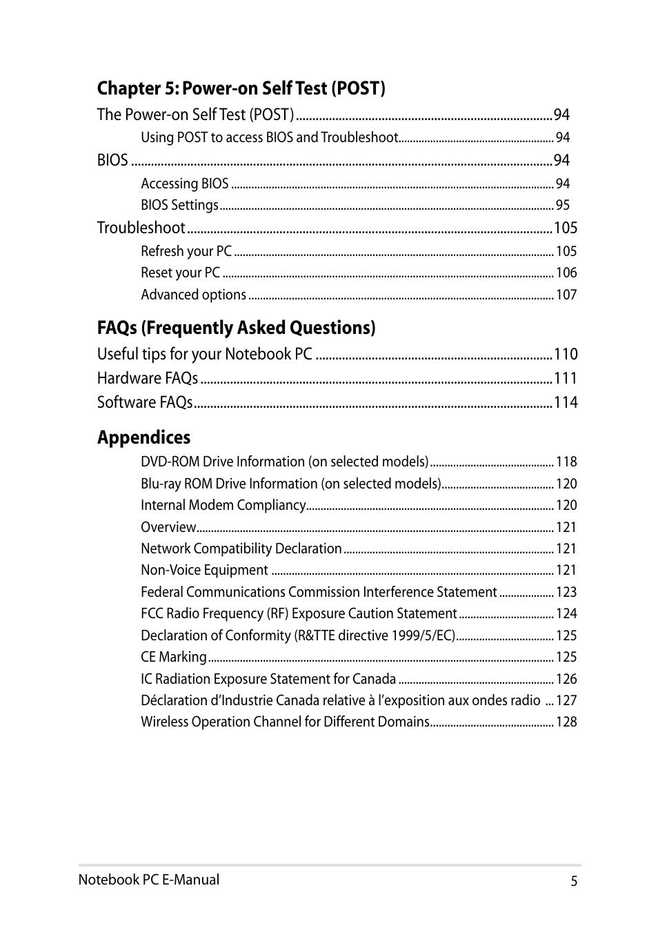 Chapter 5: power-on self test (post), Faqs (frequently asked questions), Appendices | Asus R552LF User Manual | Page 5 / 140